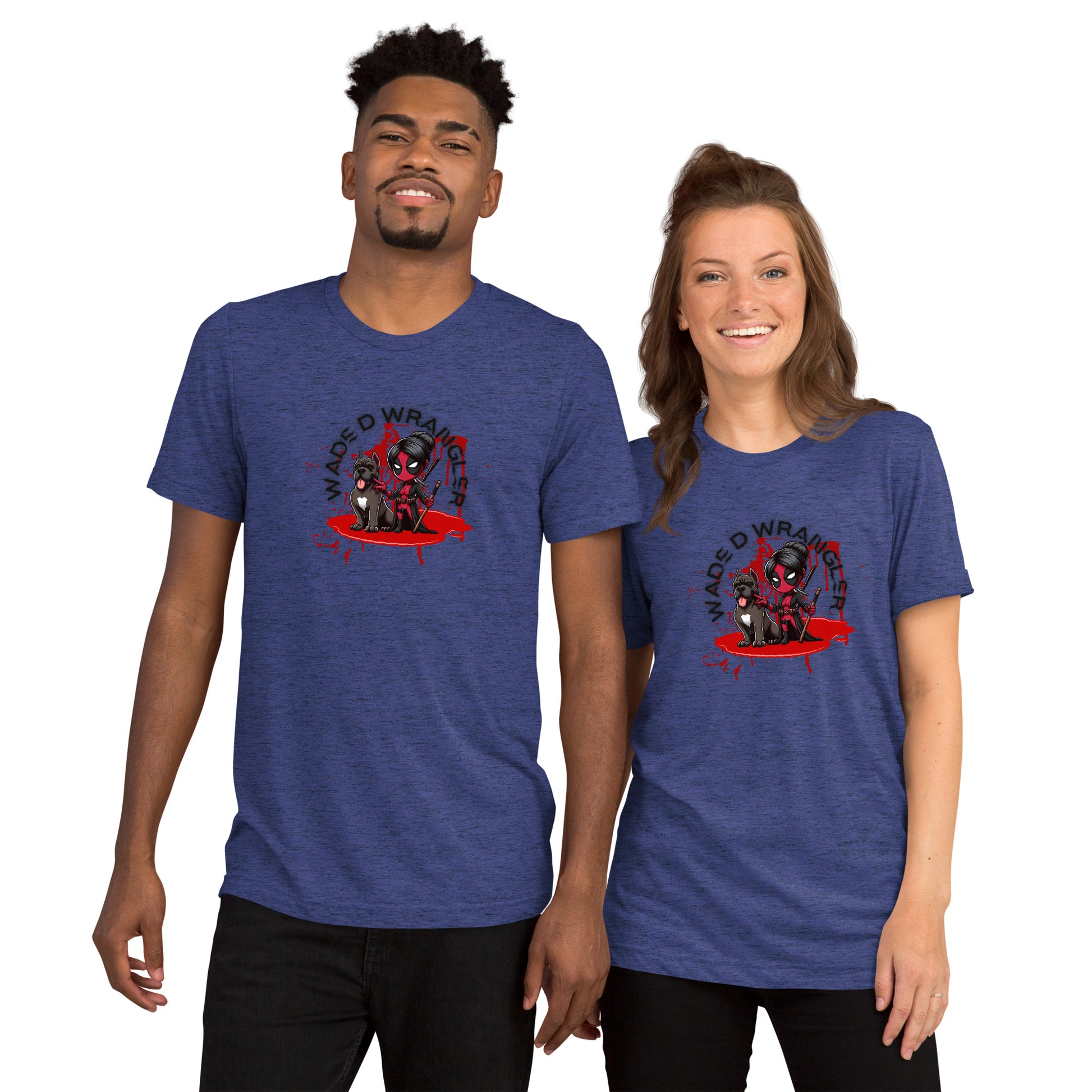 a man and a woman wearing t - shirts with blood on them