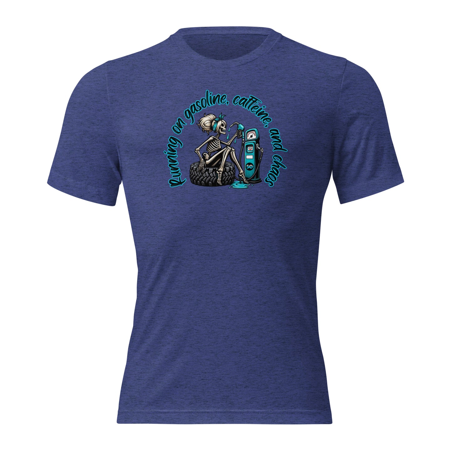 a blue t - shirt with a skeleton holding a skateboard