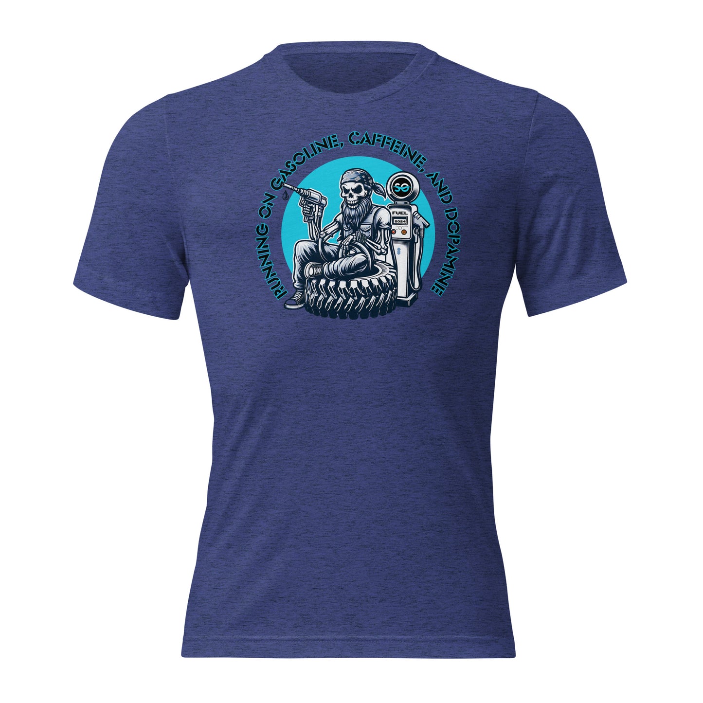a blue t - shirt with an image of a man on a motorcycle