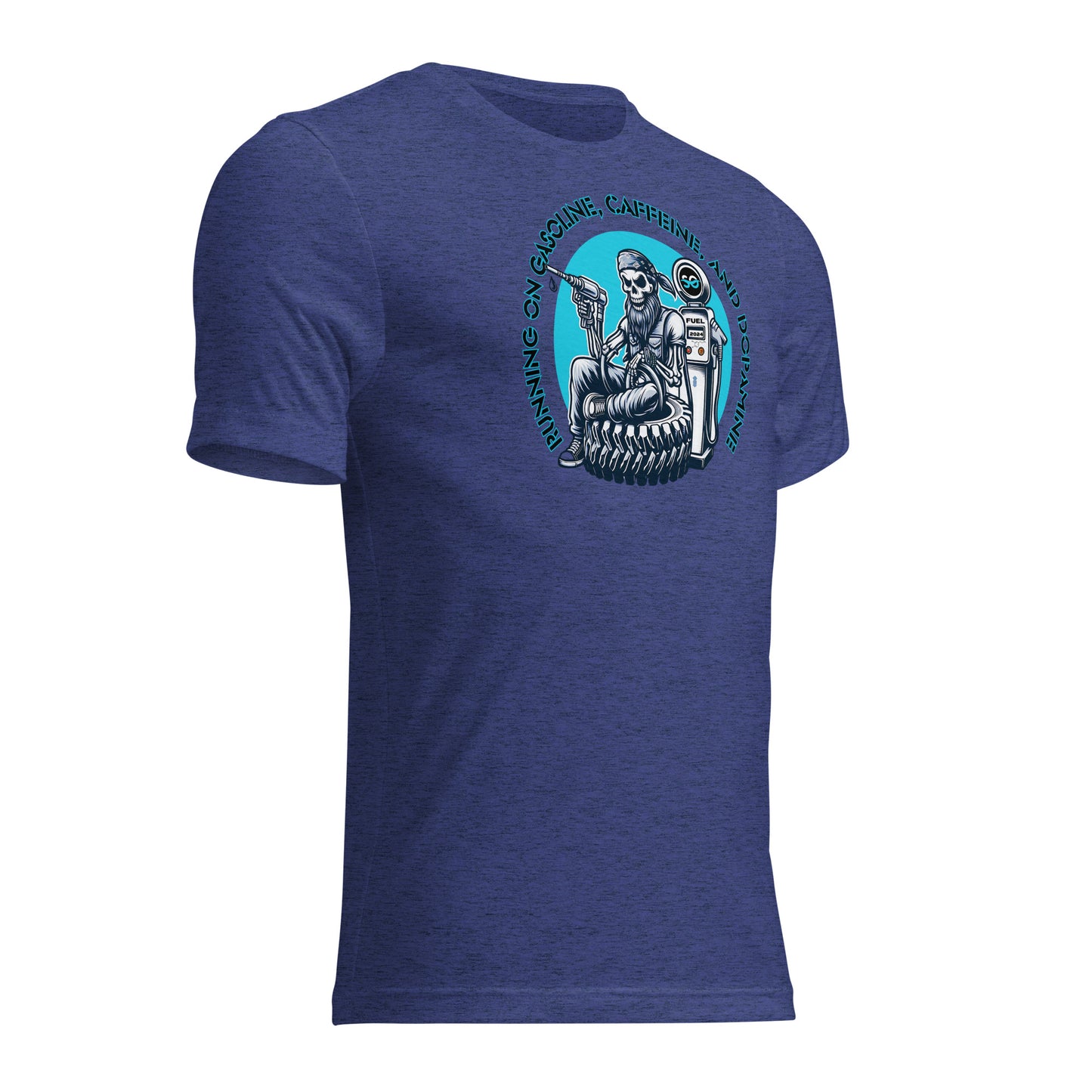 a blue t - shirt with a skeleton riding a motorcycle