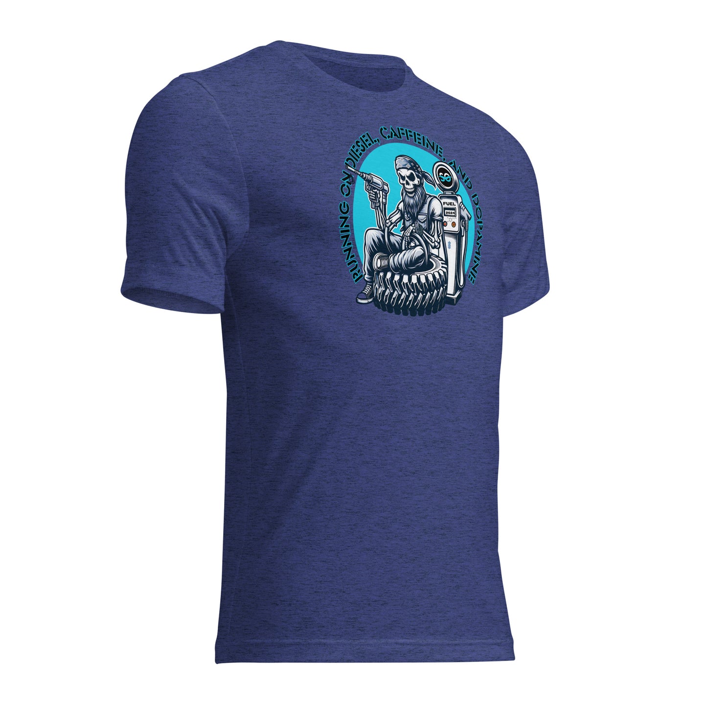 a blue t - shirt with a skeleton riding a motorcycle