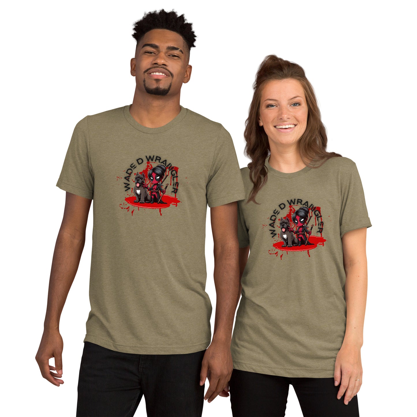 a man and a woman wearing t - shirts with blood on them
