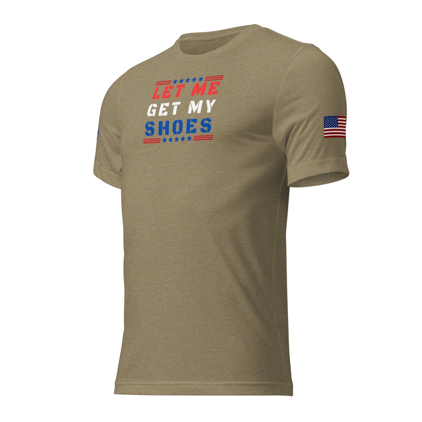 a tan t - shirt with the words get my shoes printed on it