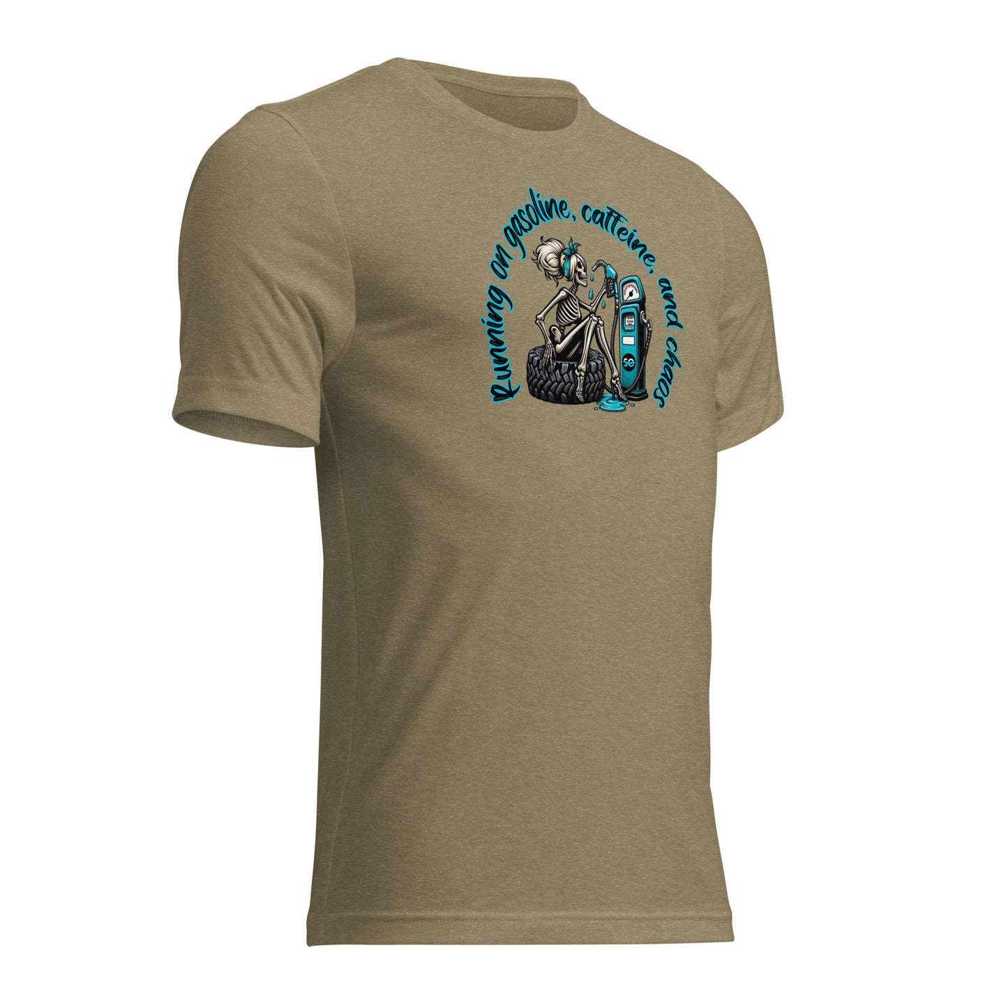 a tan t - shirt with a picture of a skeleton on it
