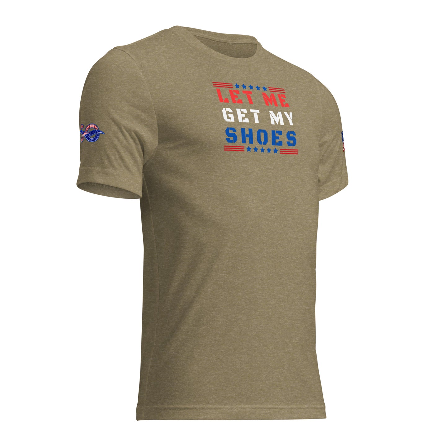 a tan t - shirt with the words get my shoes printed on it