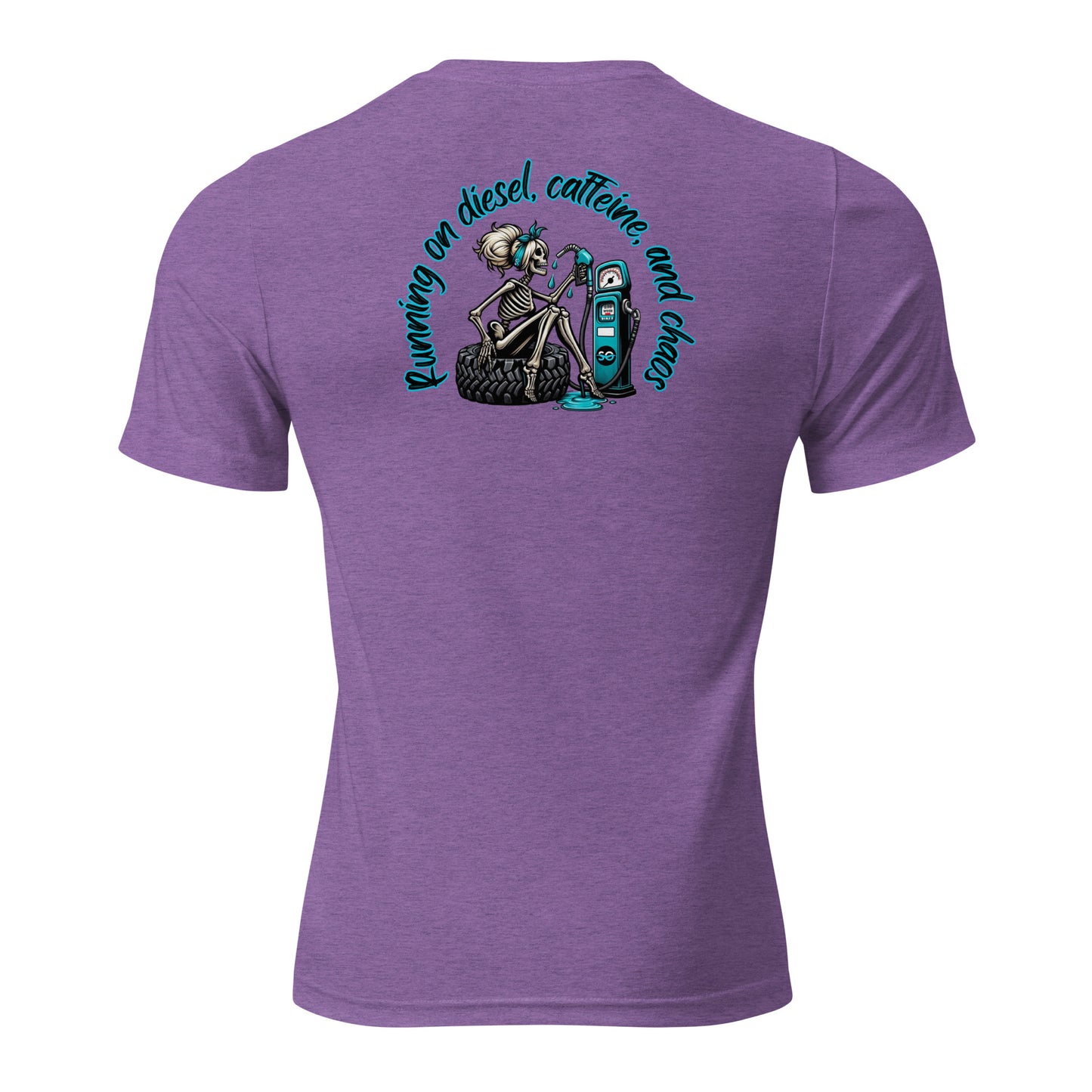 a purple shirt with a skeleton holding a skateboard