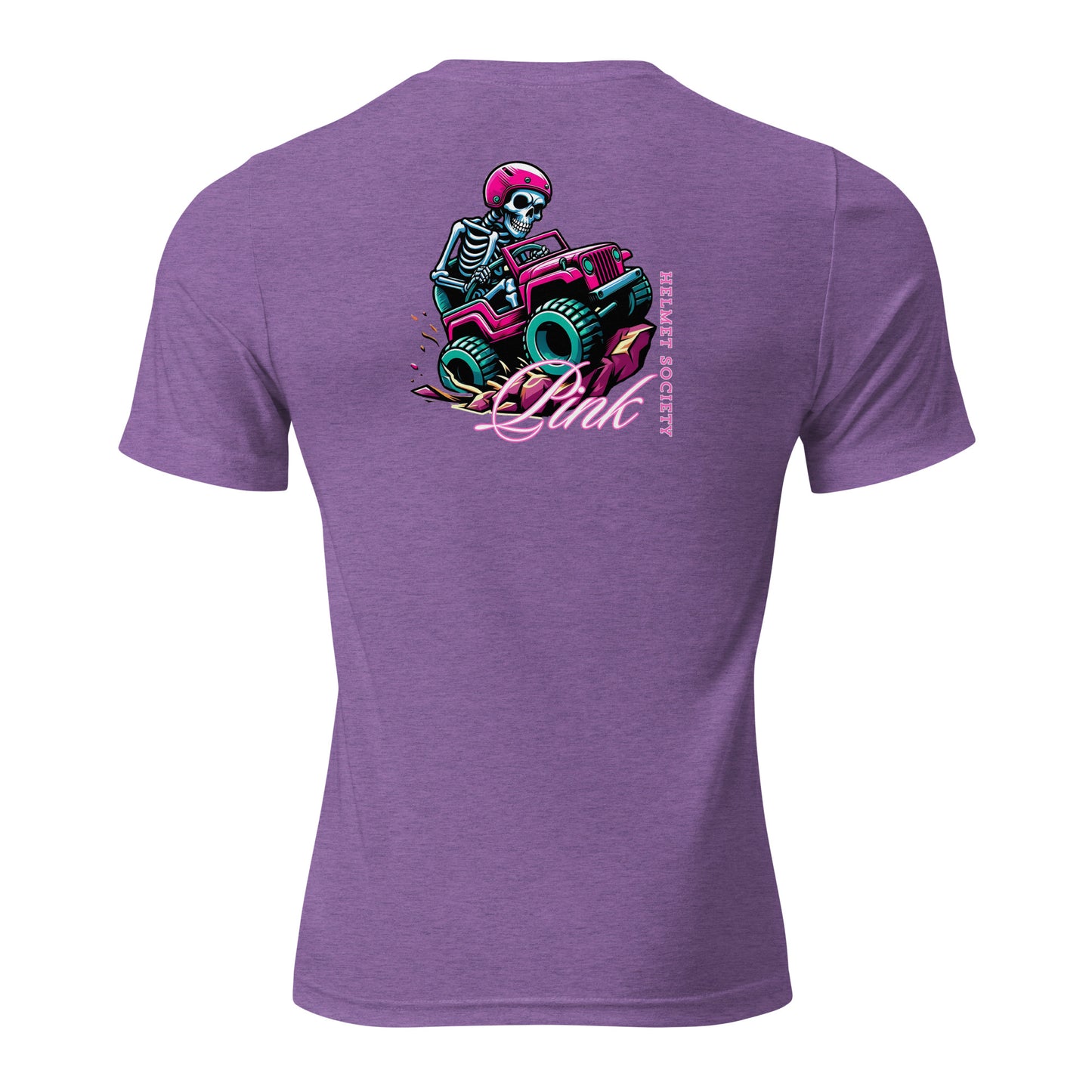 a purple shirt with a skeleton riding a purple car