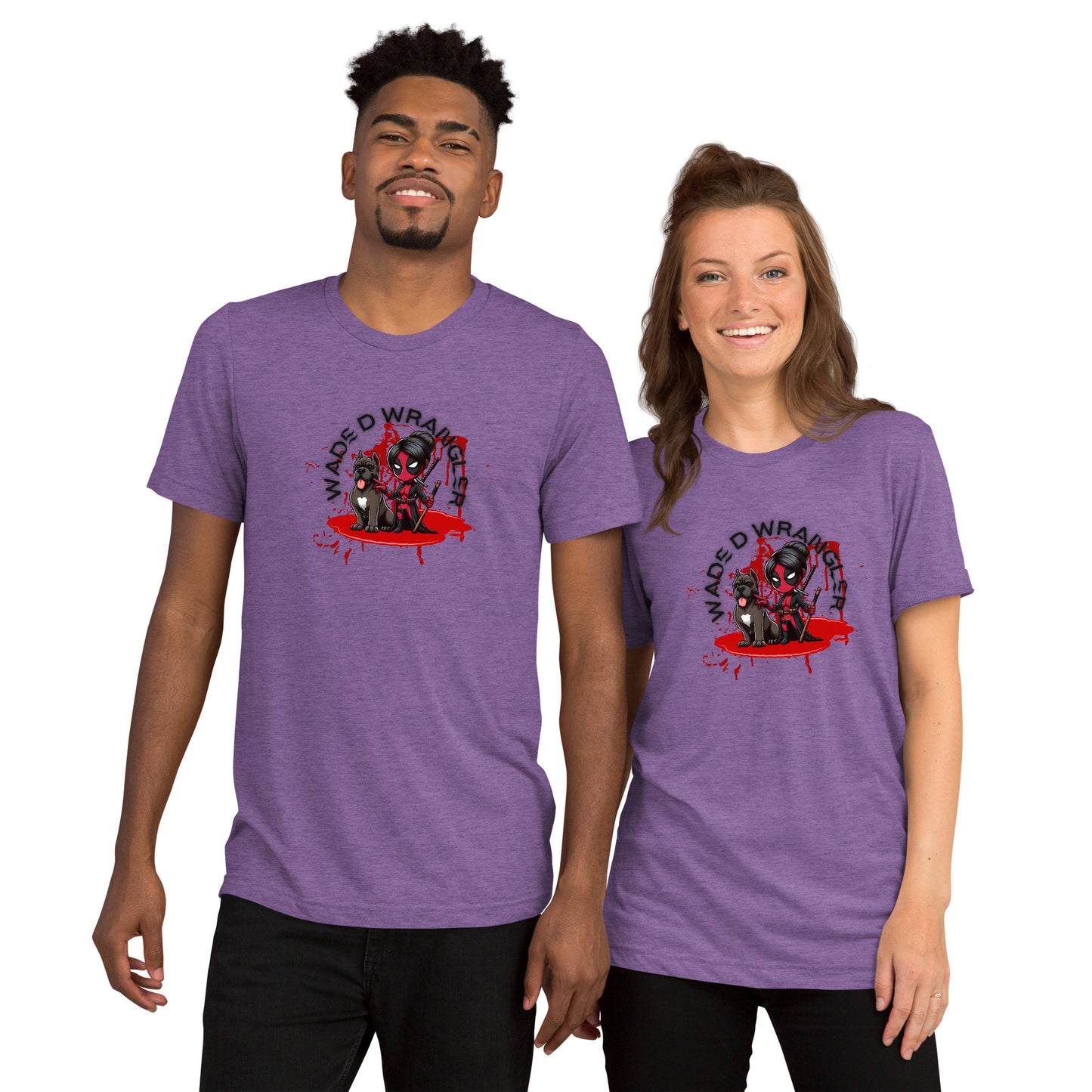 a man and a woman wearing purple shirts