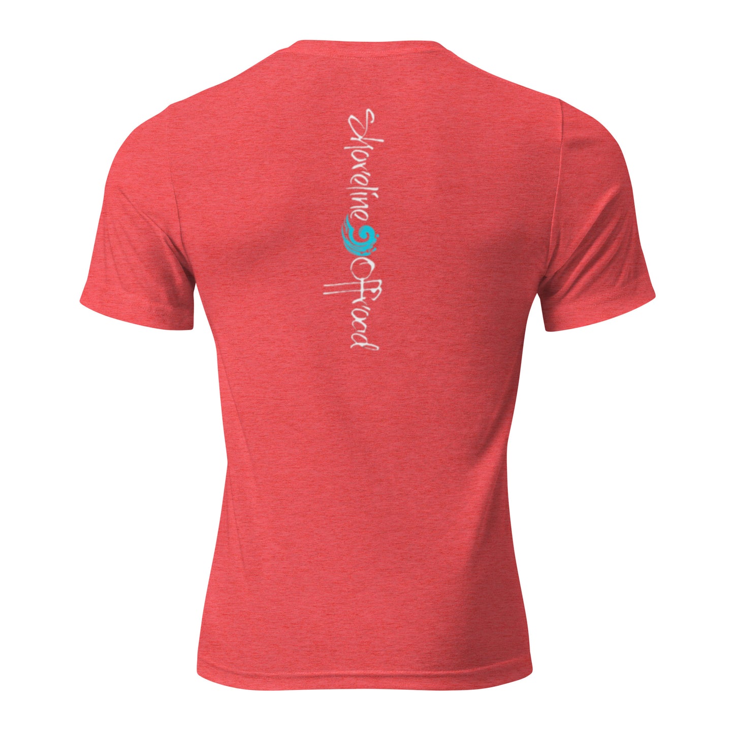 the back of a red shirt with a blue logo on it