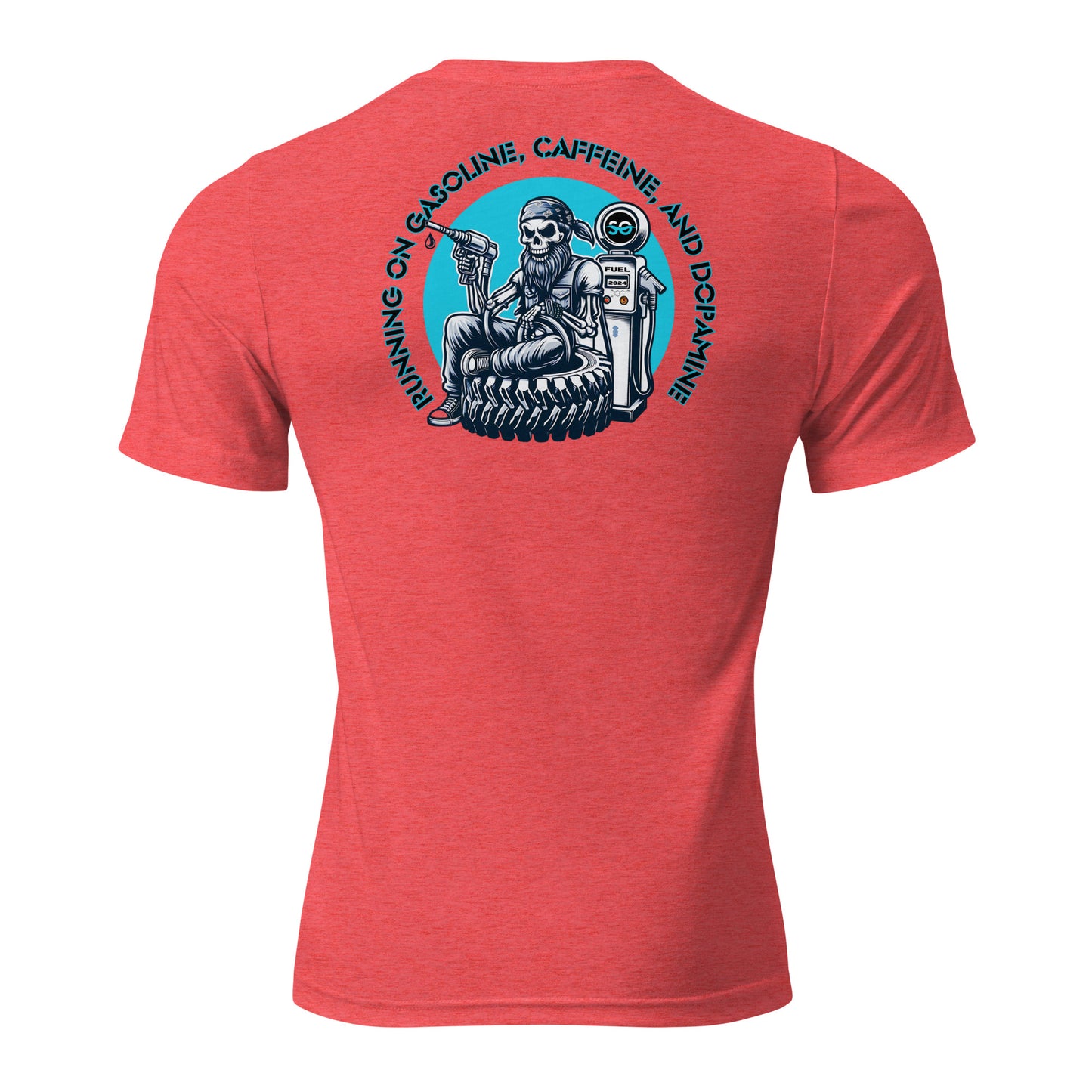 the back of a red shirt with a skeleton on it