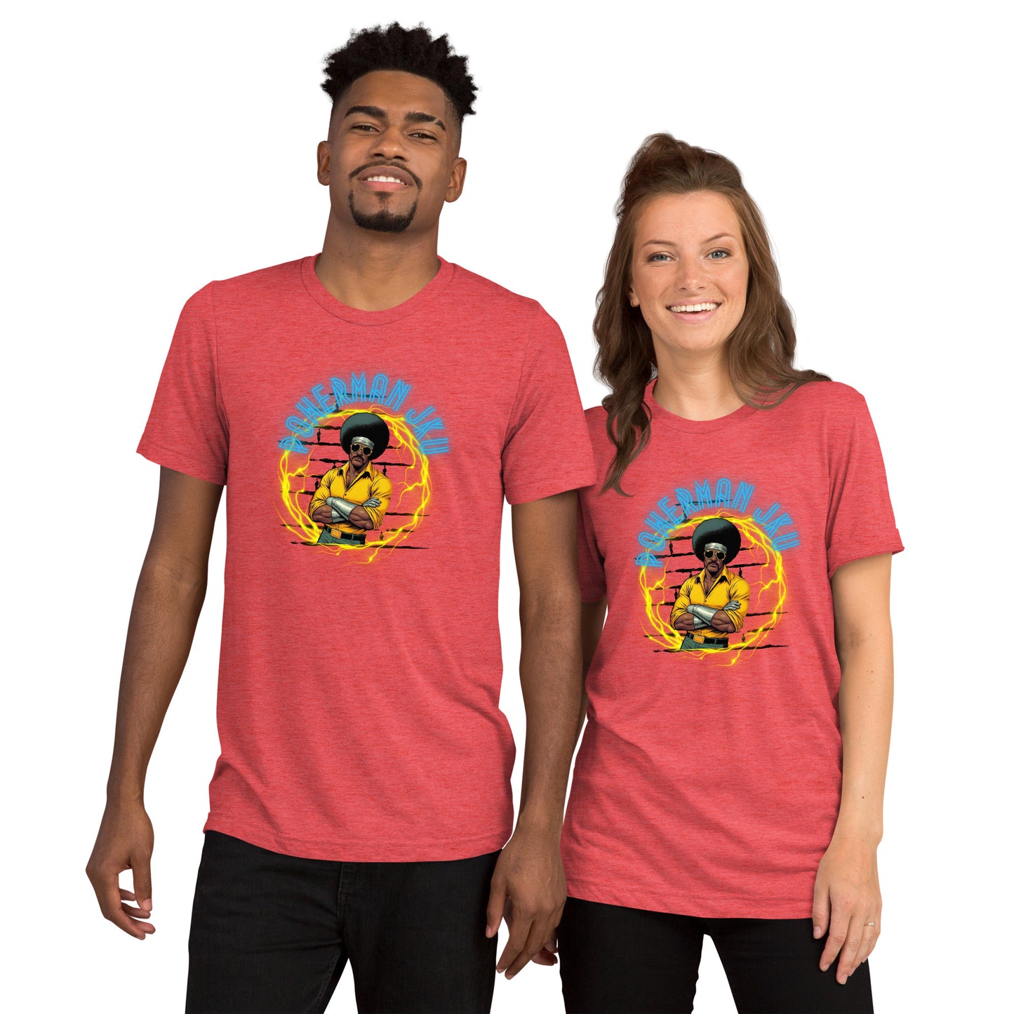 a man and a woman wearing red t - shirts