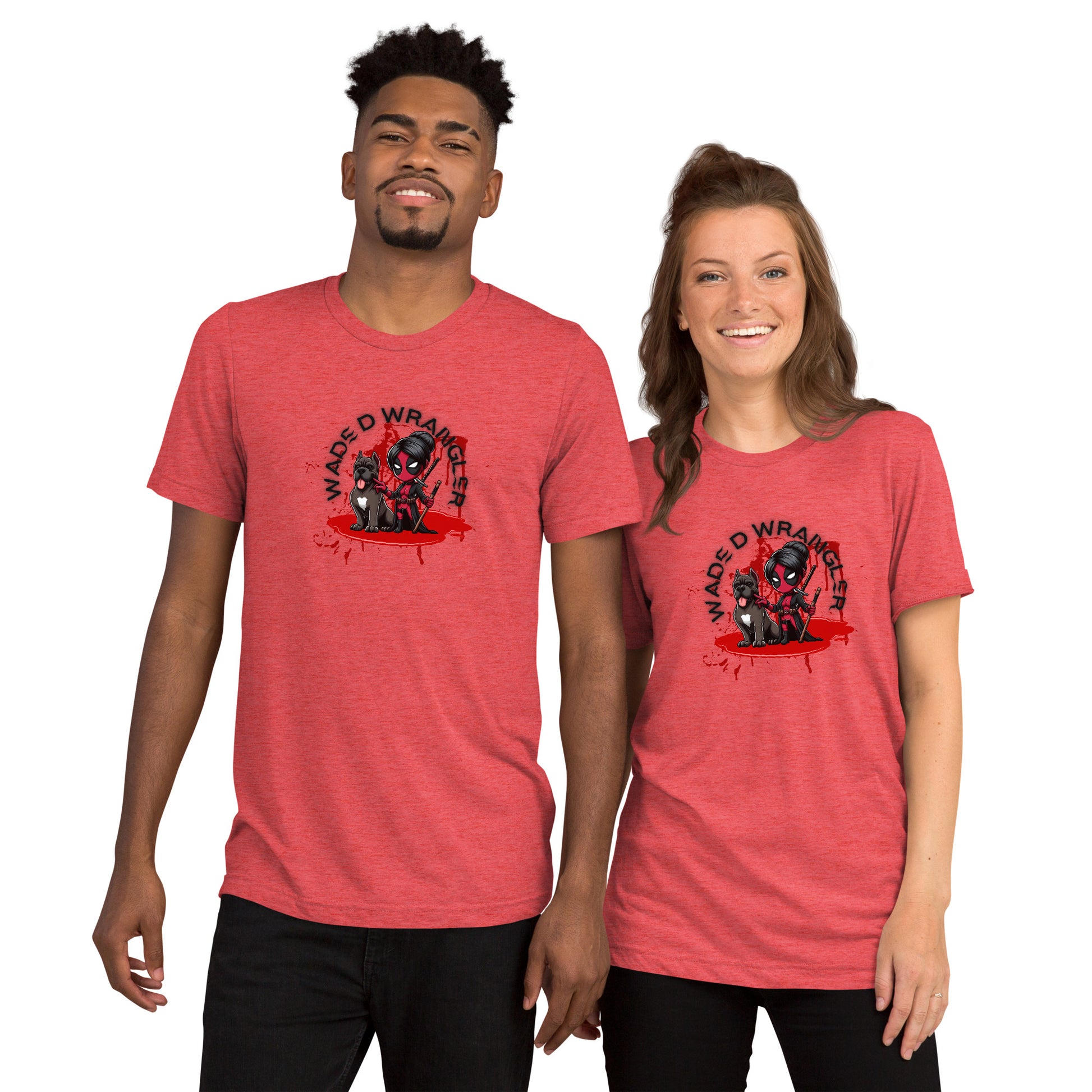 a man and a woman wearing red tshirts