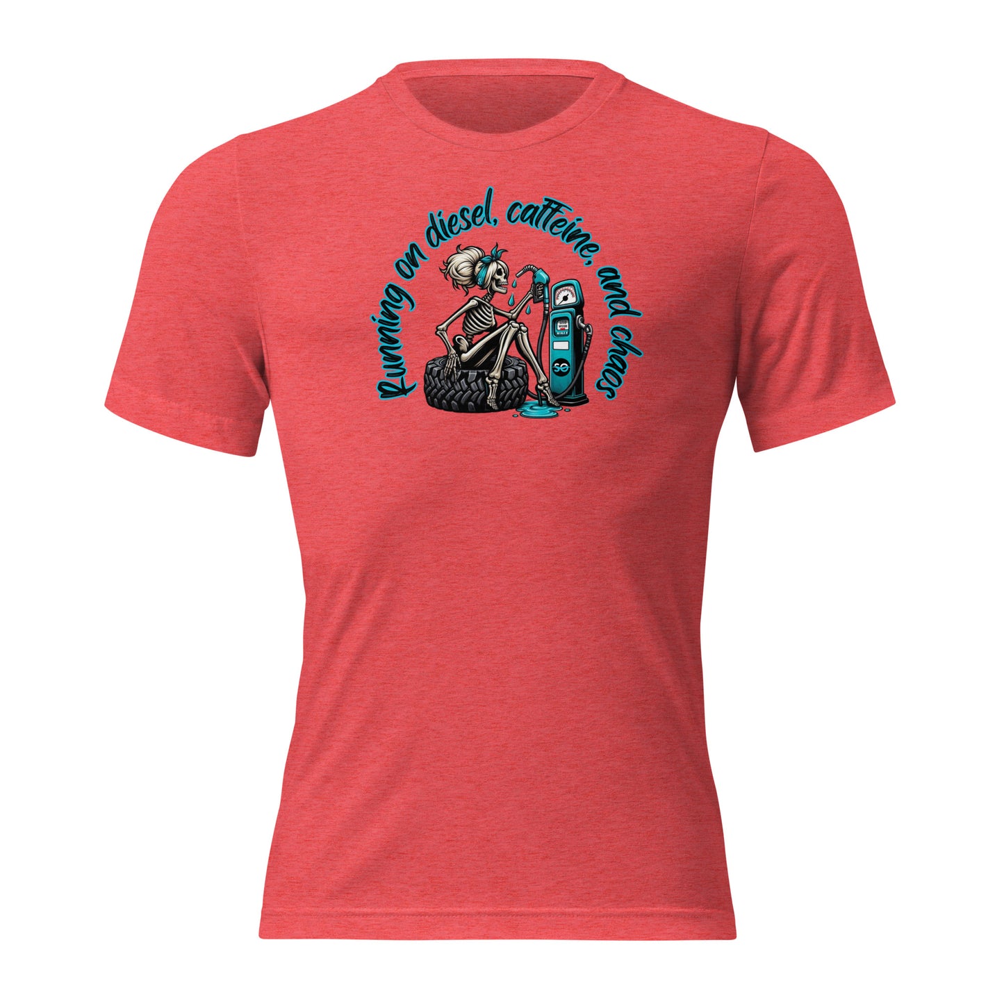 a red t - shirt with a skeleton holding a skateboard