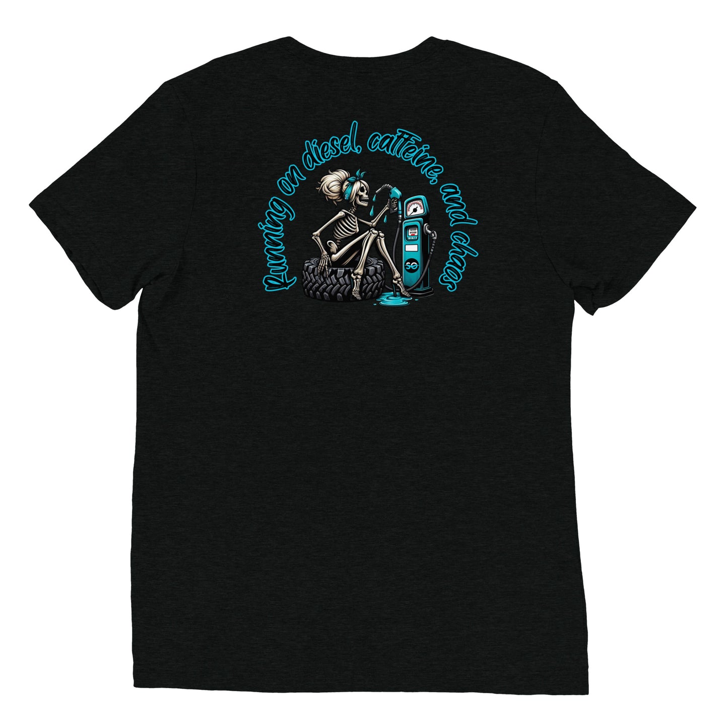 a black t - shirt with a skeleton holding a skateboard