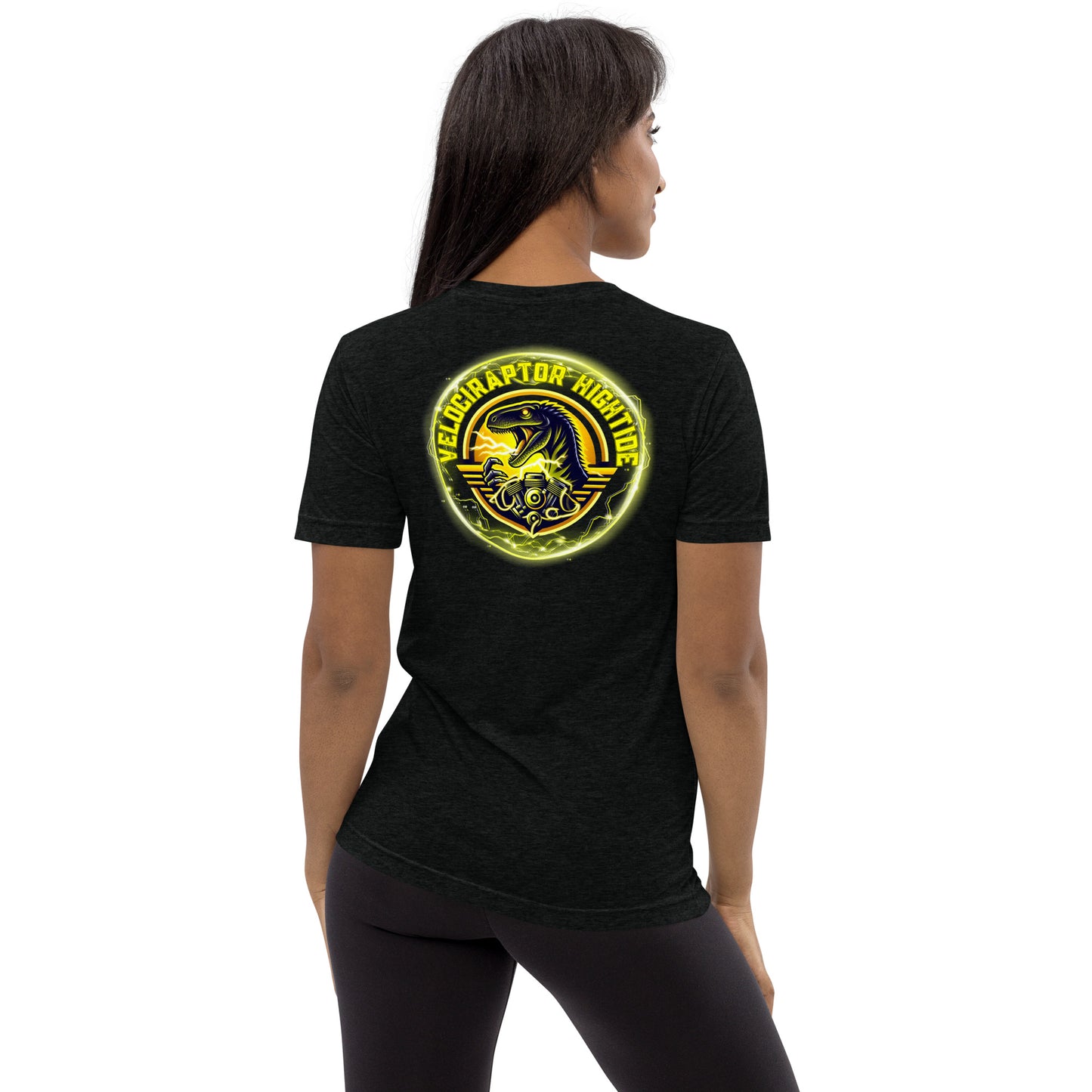 a woman wearing a black t - shirt with a yellow and black logo