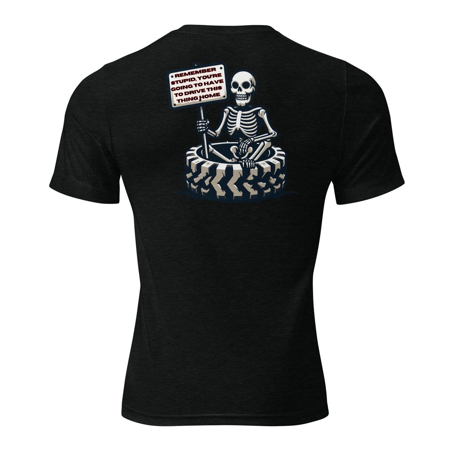 a black shirt with a skeleton holding a sign