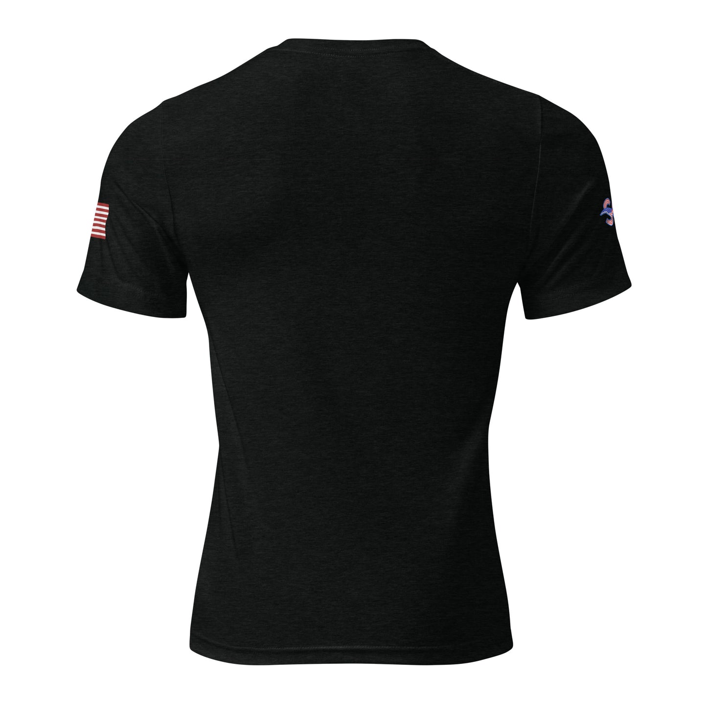 the back of a black shirt with an american flag on it