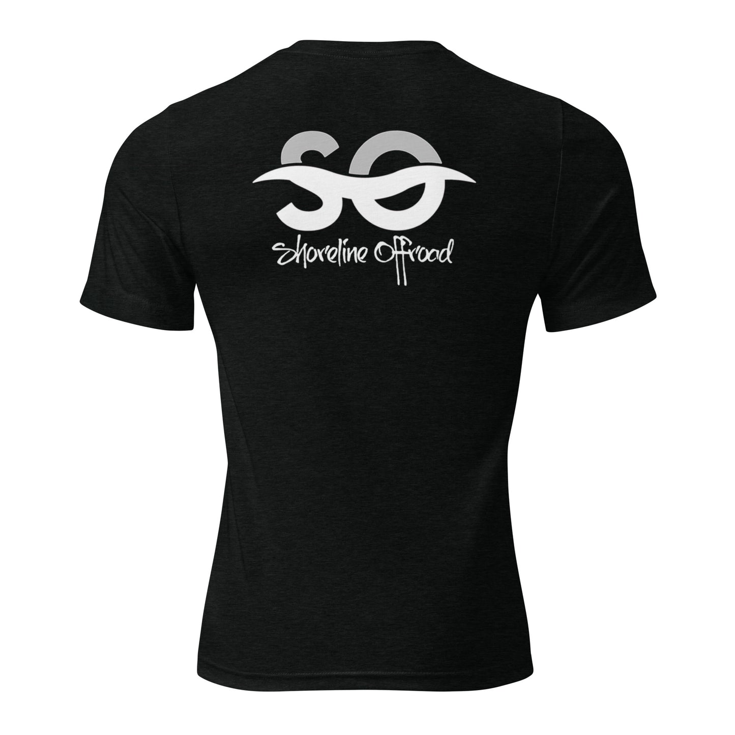 the back of a black shirt with white lettering