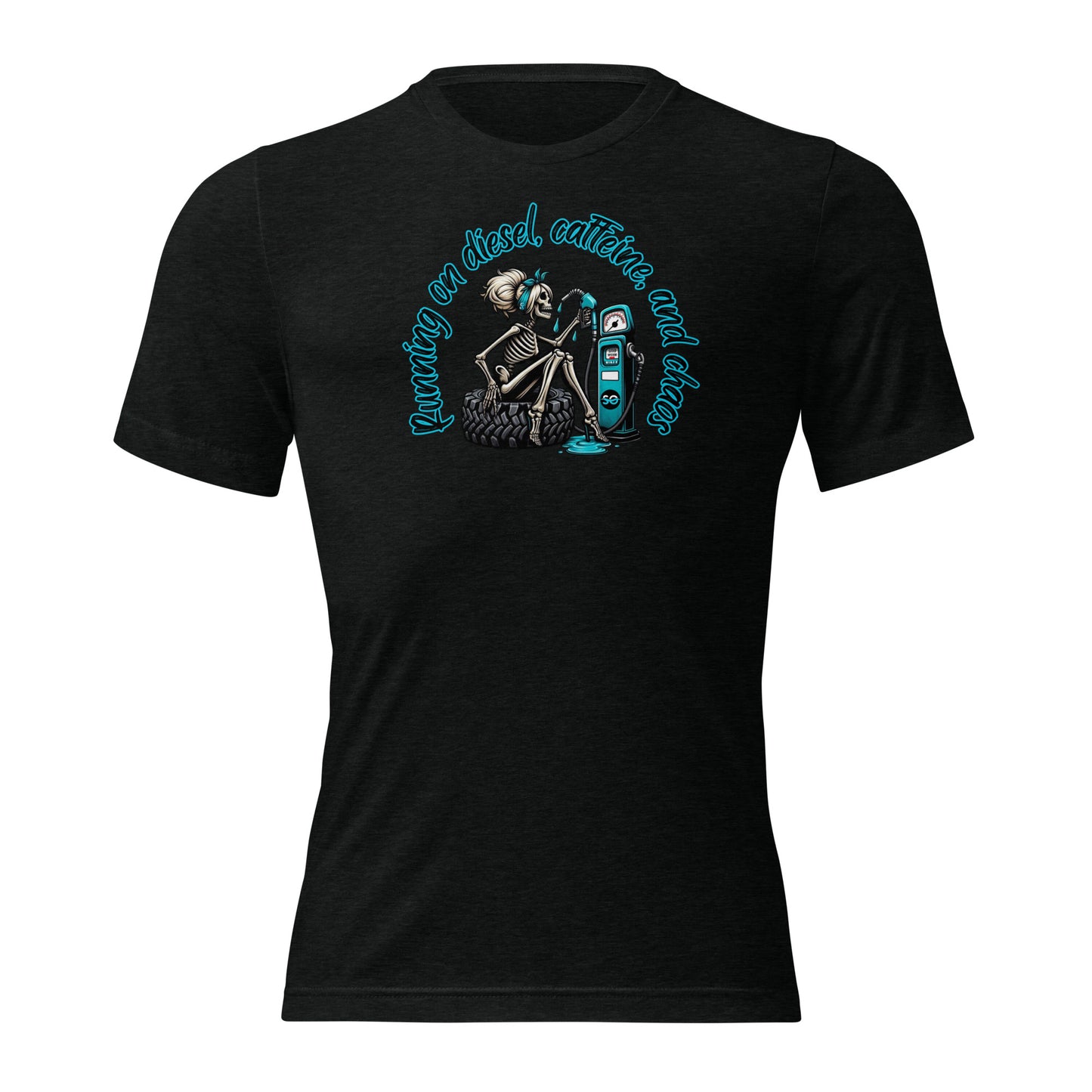 a black shirt with a skeleton holding a skateboard