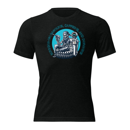 a black t - shirt with an image of a skeleton on it