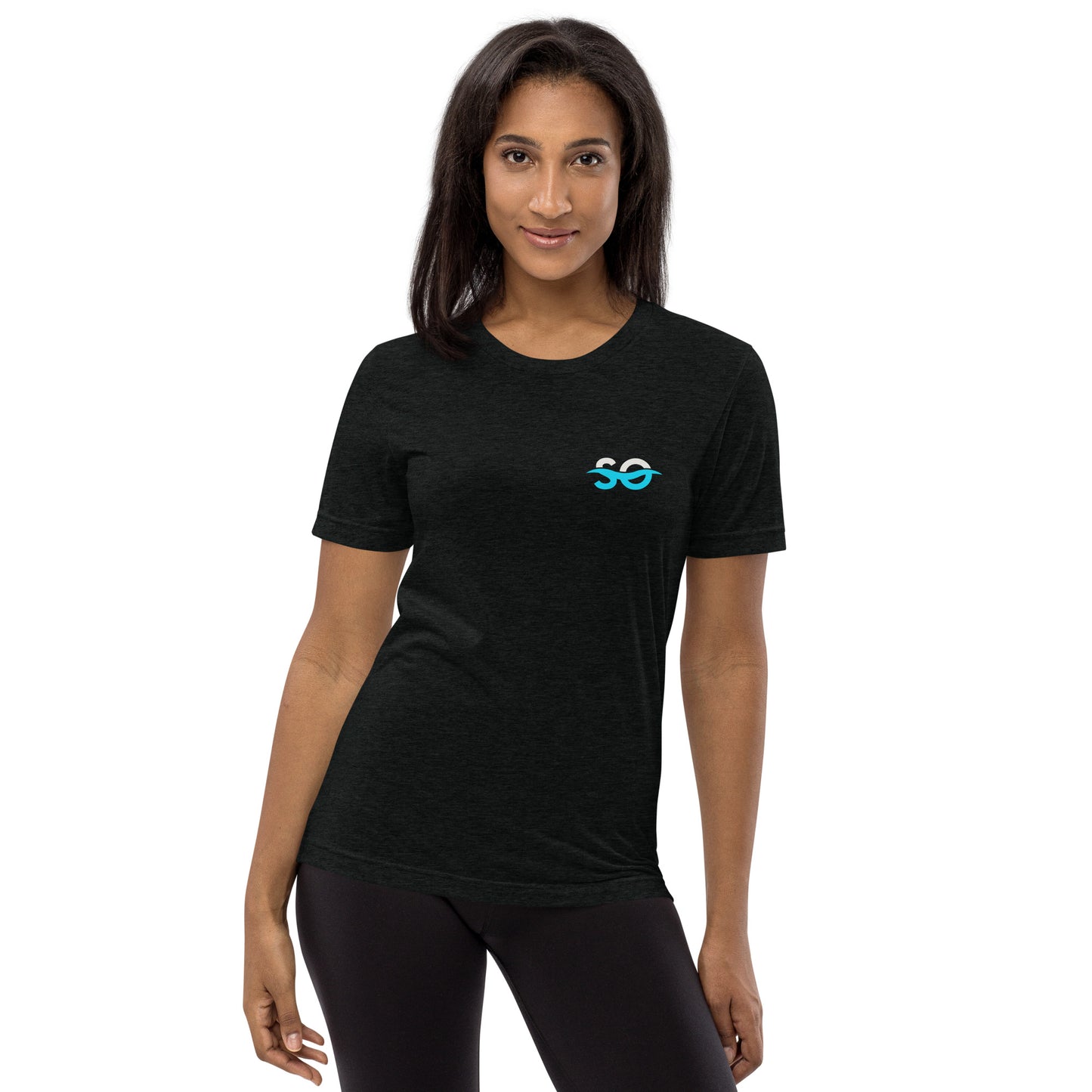 a woman wearing a black shirt with a blue logo