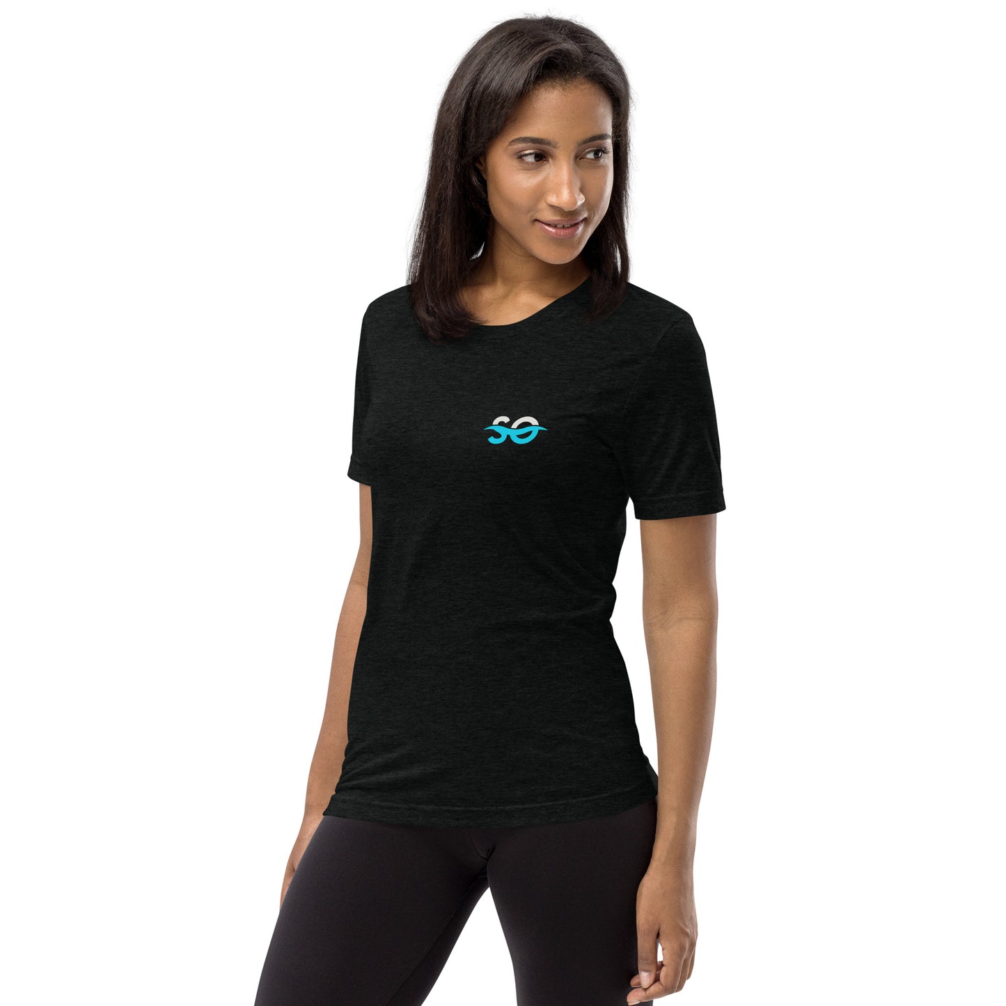 a woman wearing a black t - shirt with the number 50 on it