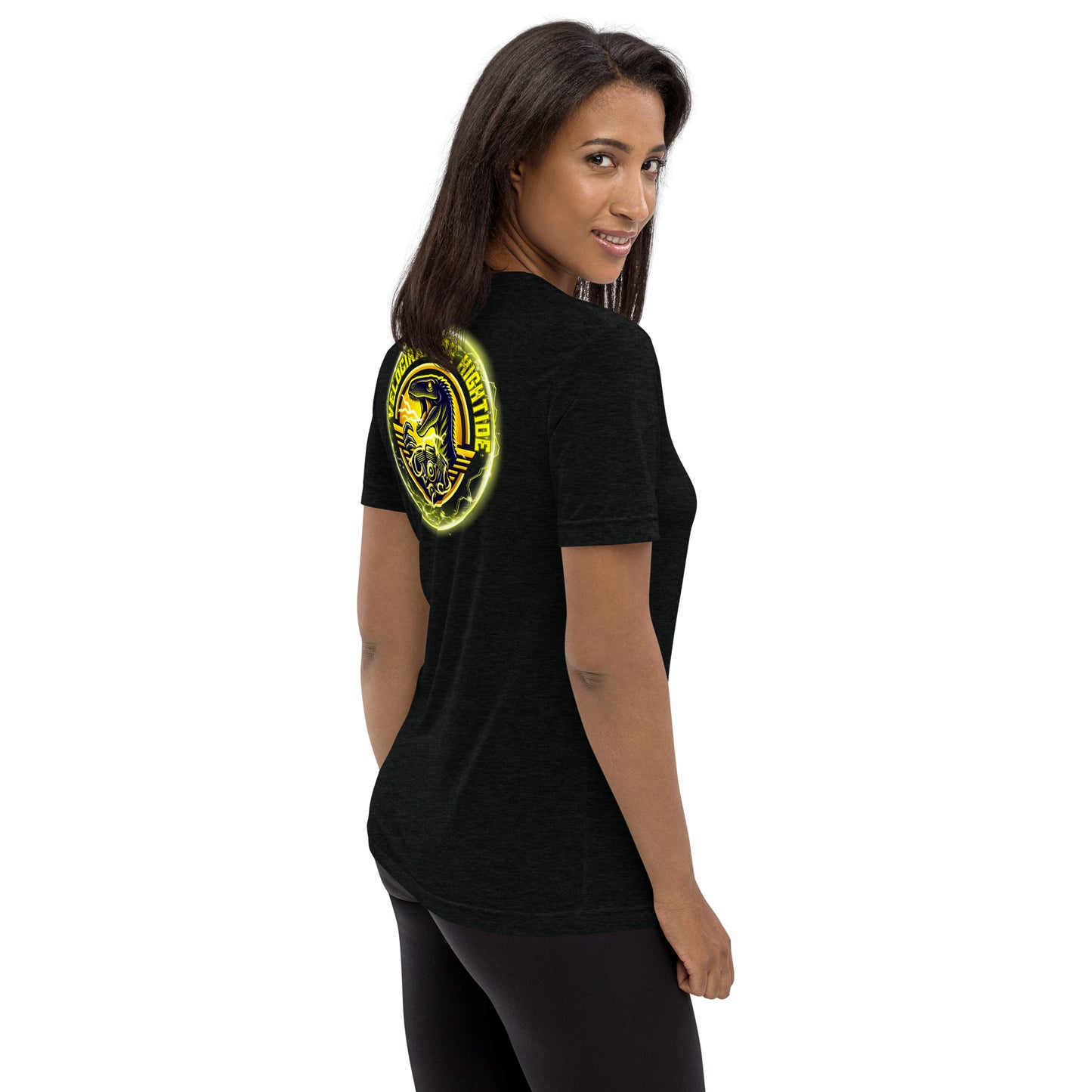 a woman wearing a black shirt and black leggings