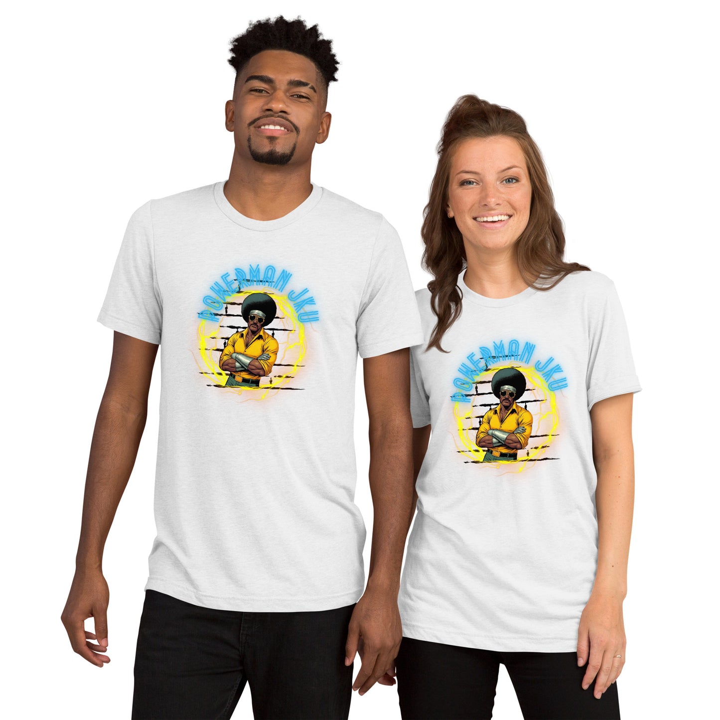 a man and a woman wearing matching t - shirts