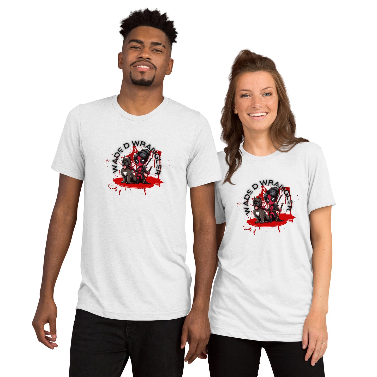 a man and a woman wearing t - shirts with blood on them