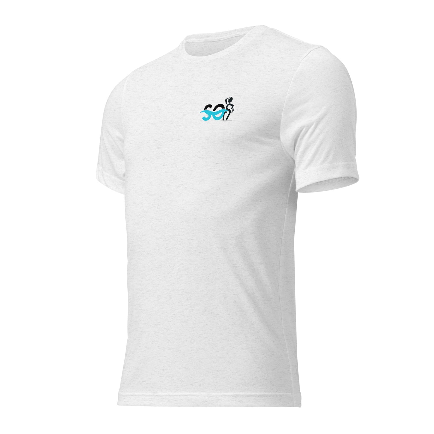 a white t - shirt with a blue and black logo