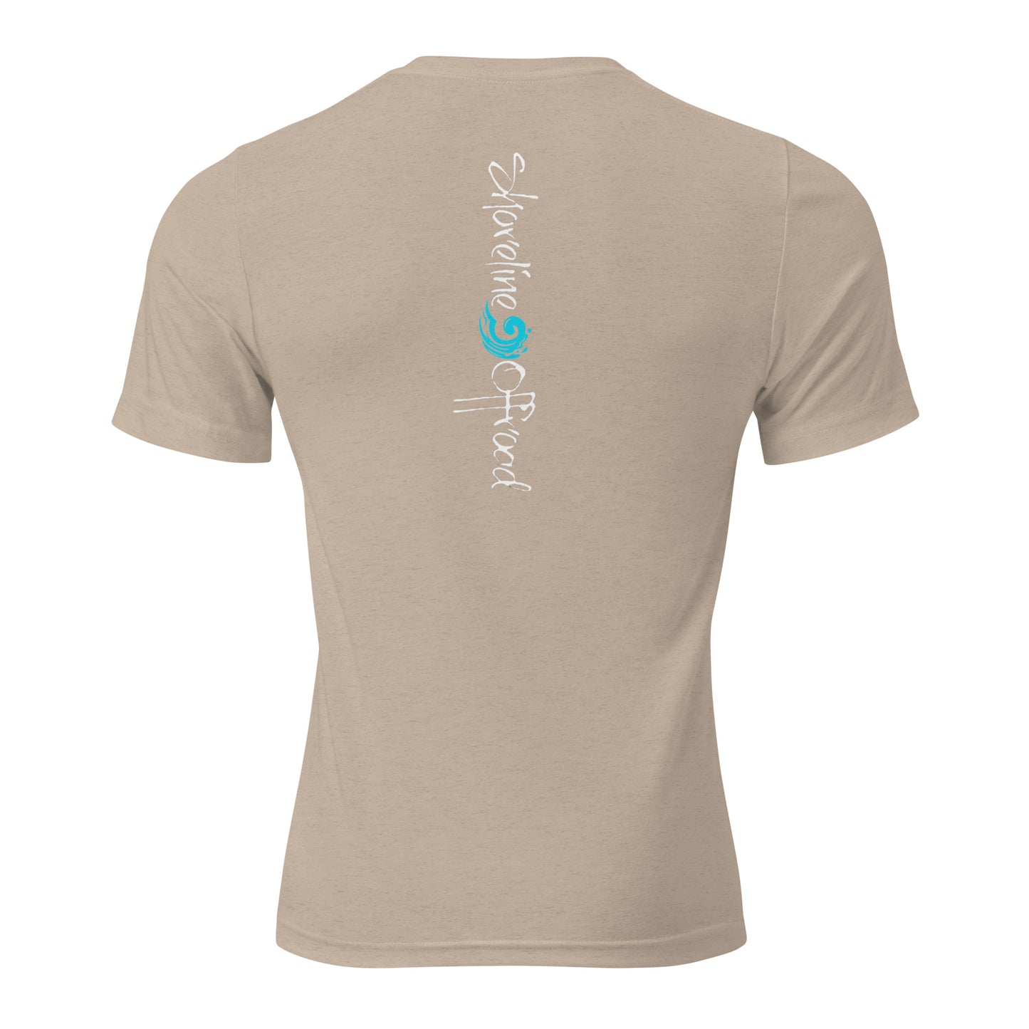 the back of a tan shirt with a blue logo on it