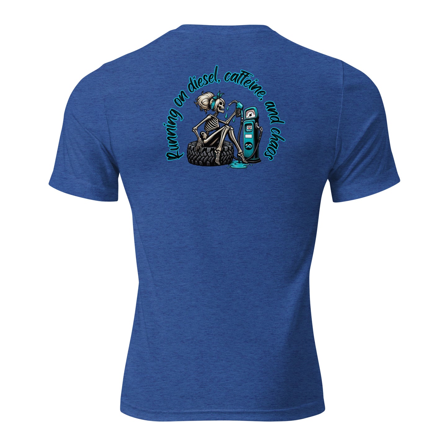 a blue shirt with a skeleton holding a skateboard