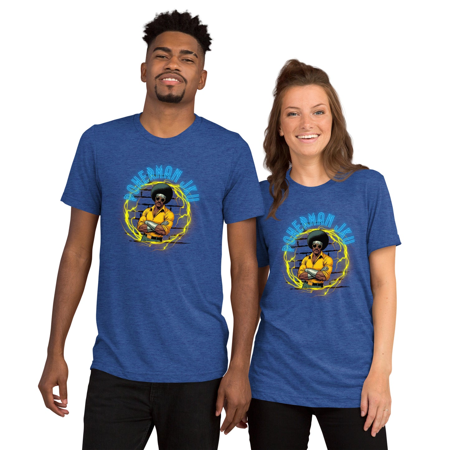 a man and a woman wearing blue t - shirts