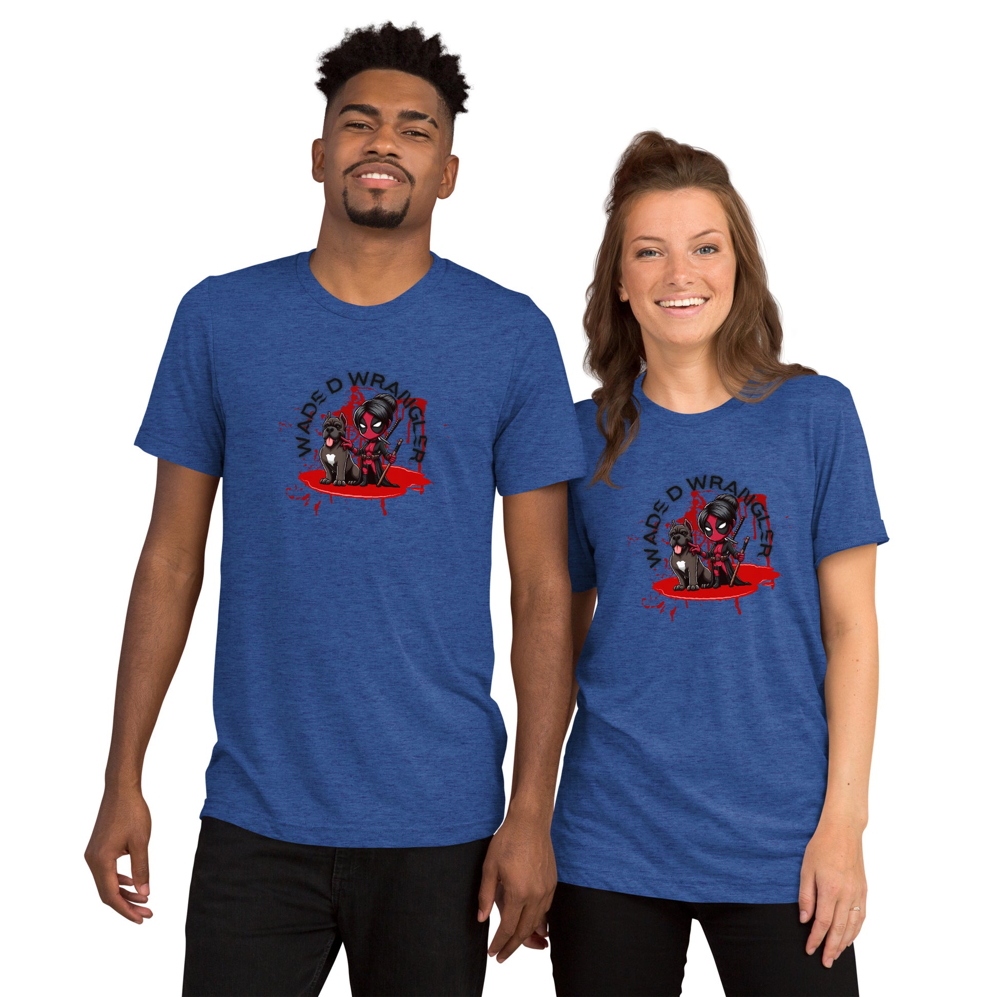 a man and a woman wearing blue t - shirts
