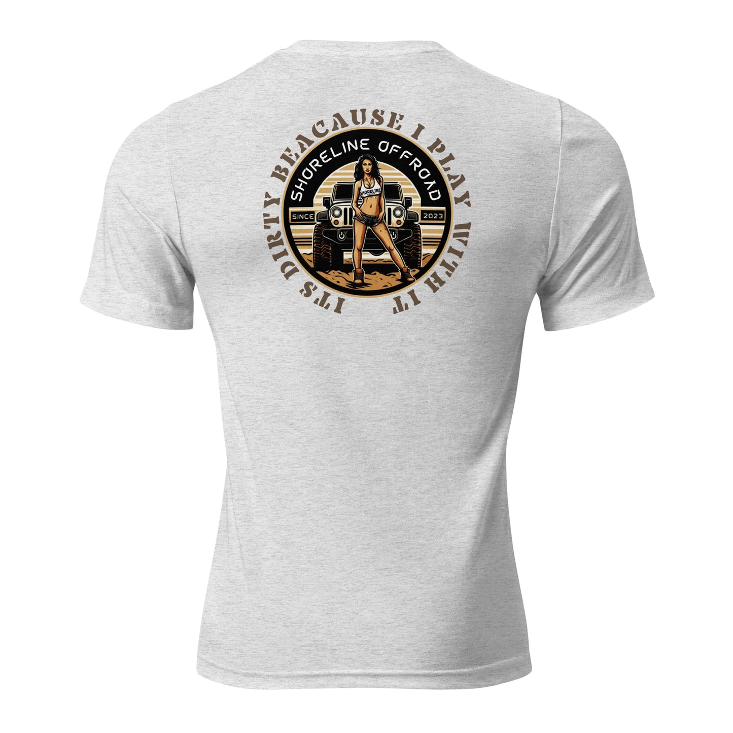 the back of a white shirt with a picture of a man holding a baseball bat