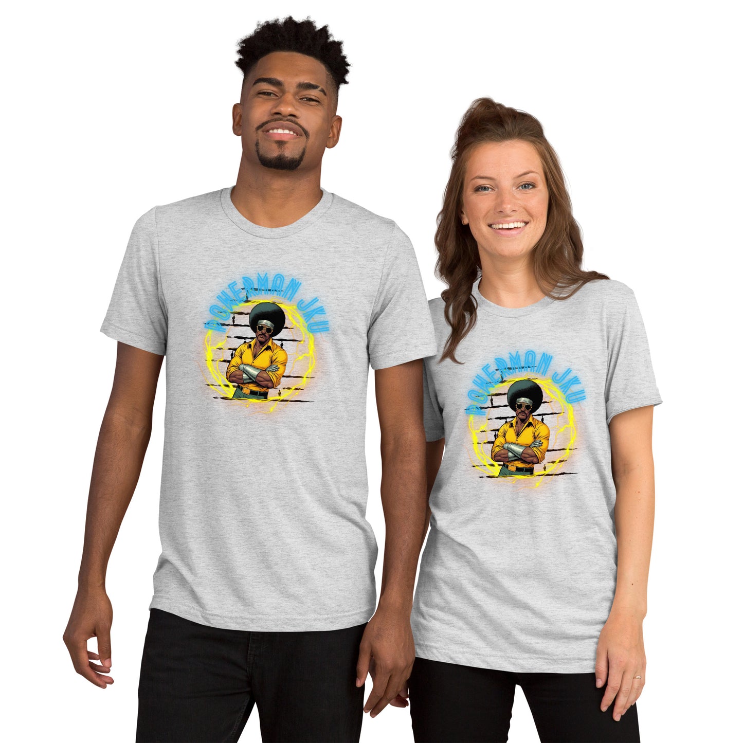a man and a woman wearing matching t - shirts