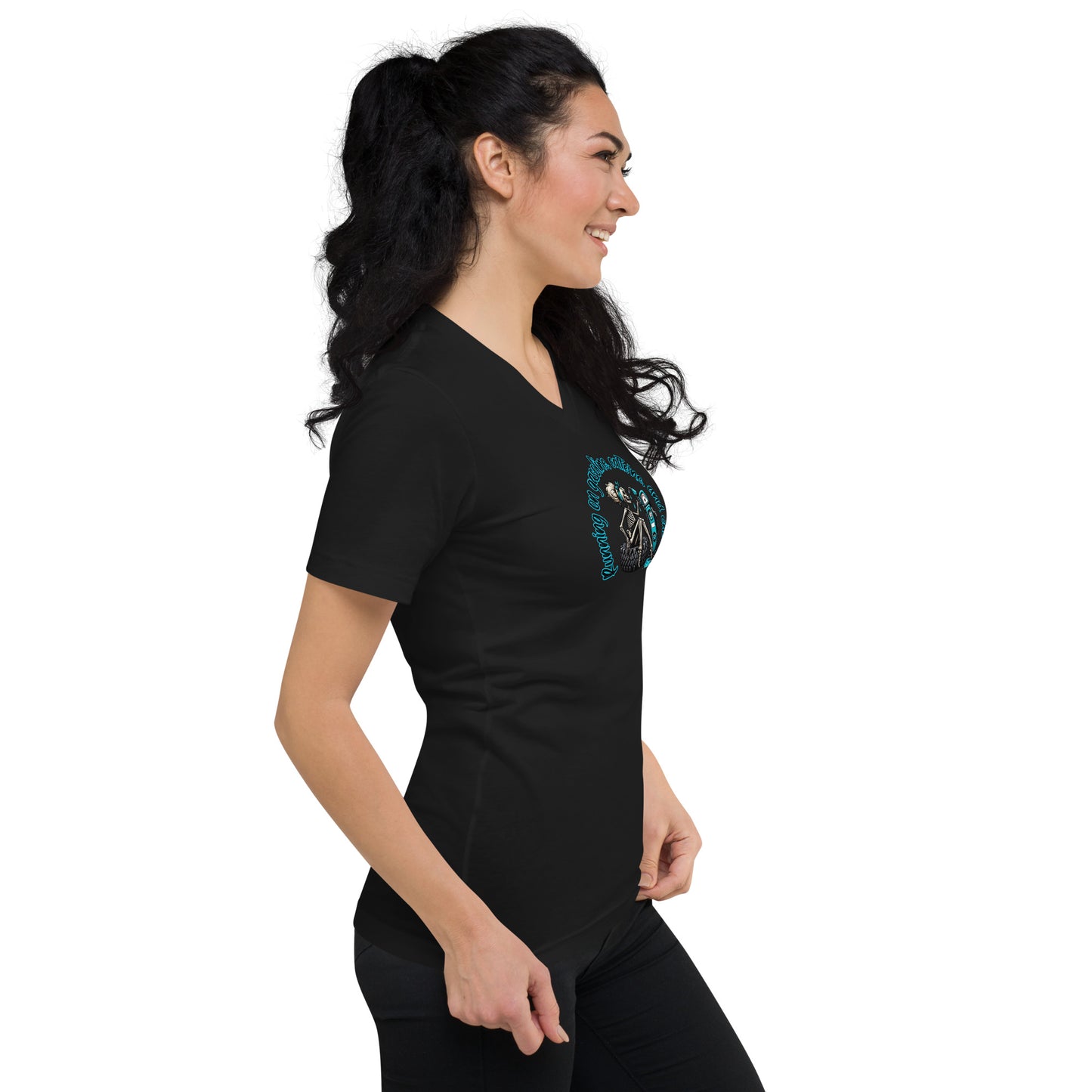 a woman wearing a black shirt and black pants