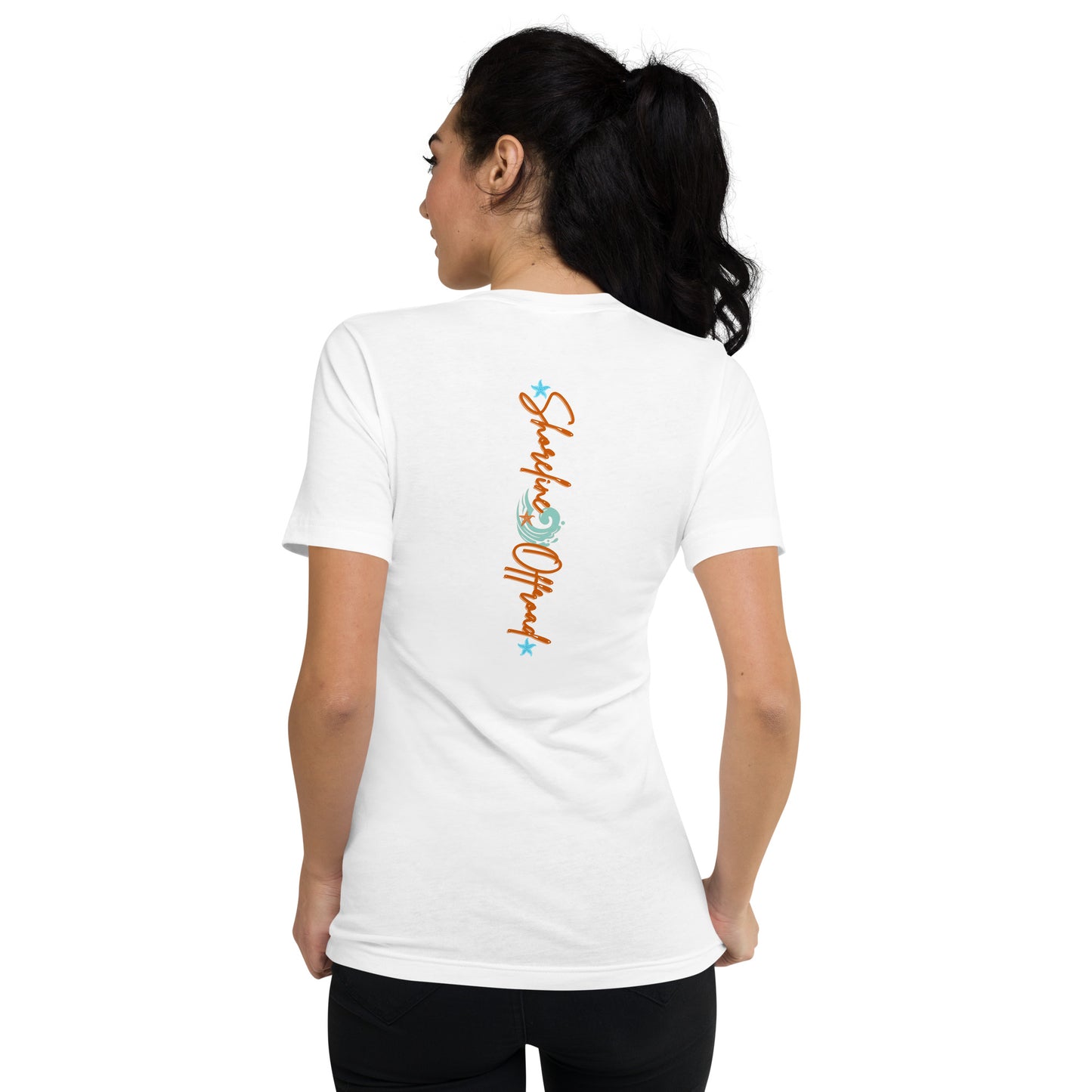a woman wearing a white t - shirt with the word charlotte printed on it