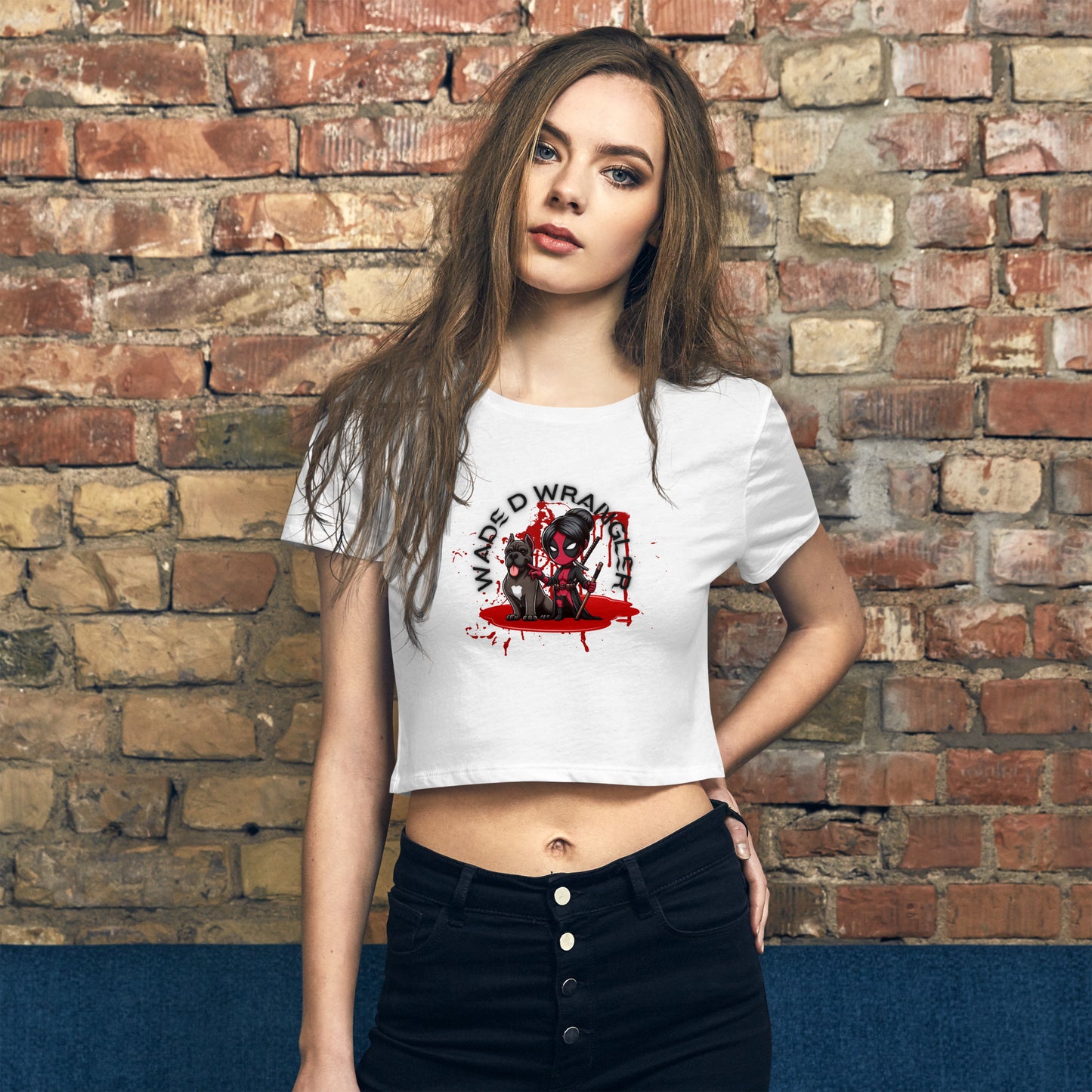 a woman wearing a white crop top and black jeans
