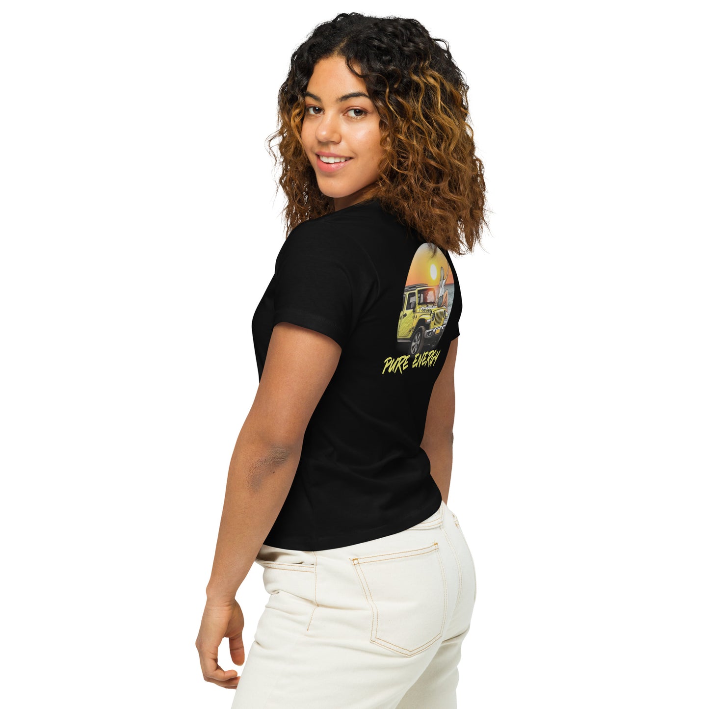 a woman wearing a black shirt and white pants