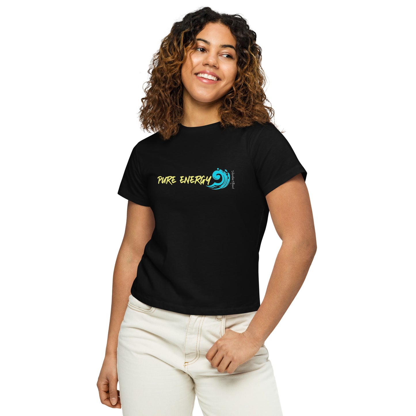 a woman wearing a black t - shirt with a surfboard logo
