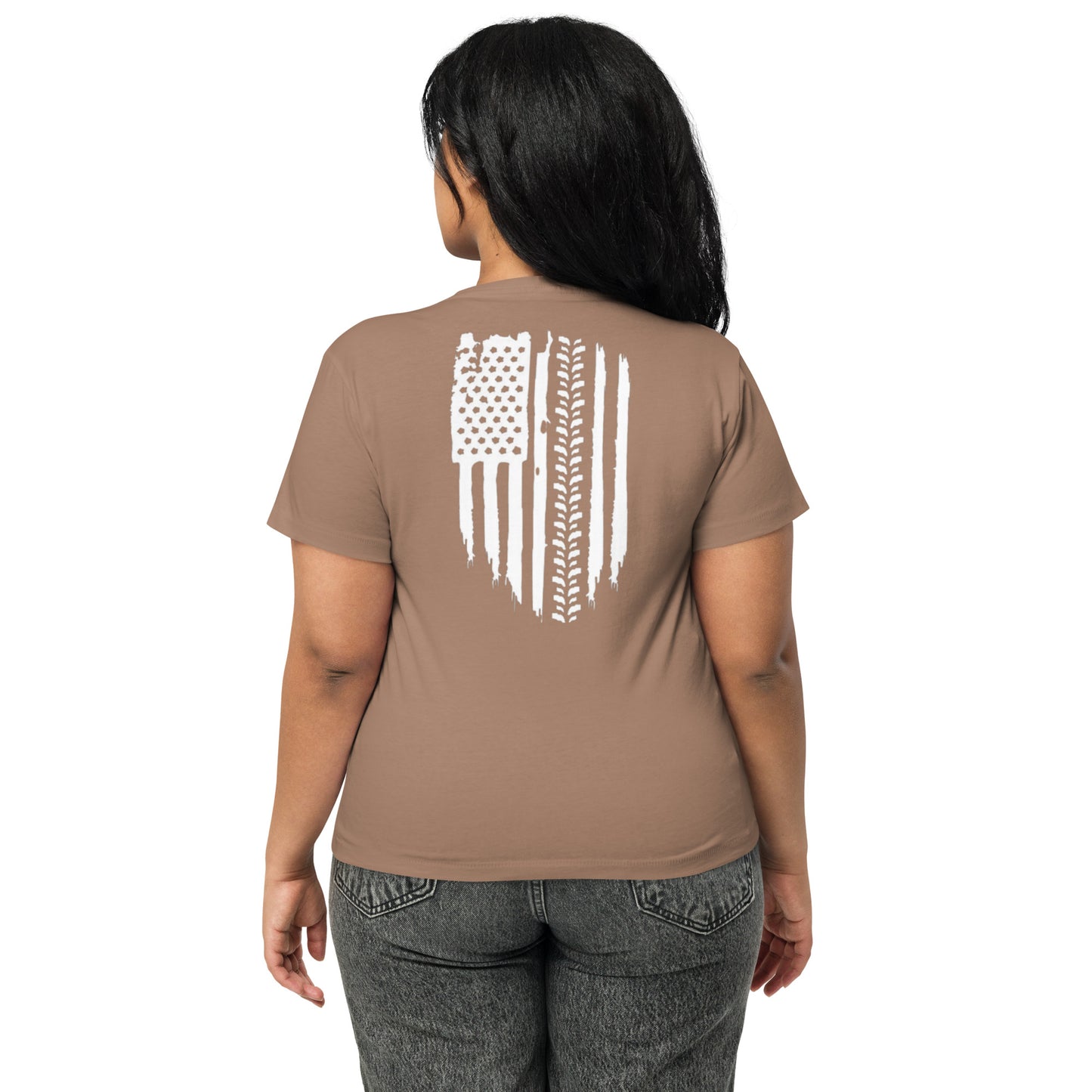 a woman wearing a brown shirt with an american flag on it