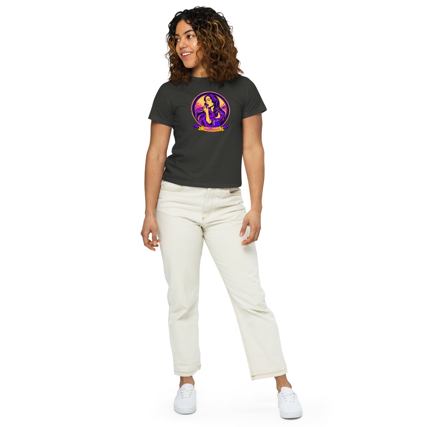 a woman wearing a black shirt and white pants