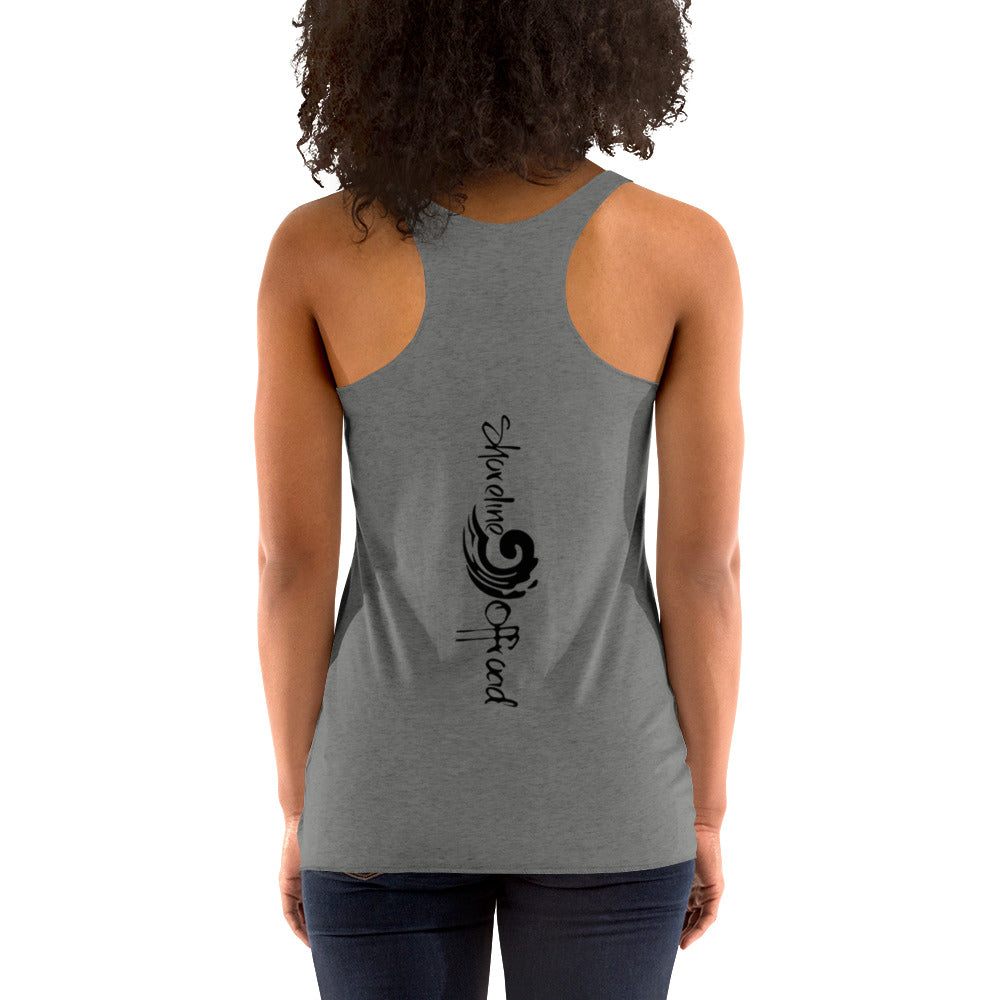 a woman wearing a gray tank top with black lettering