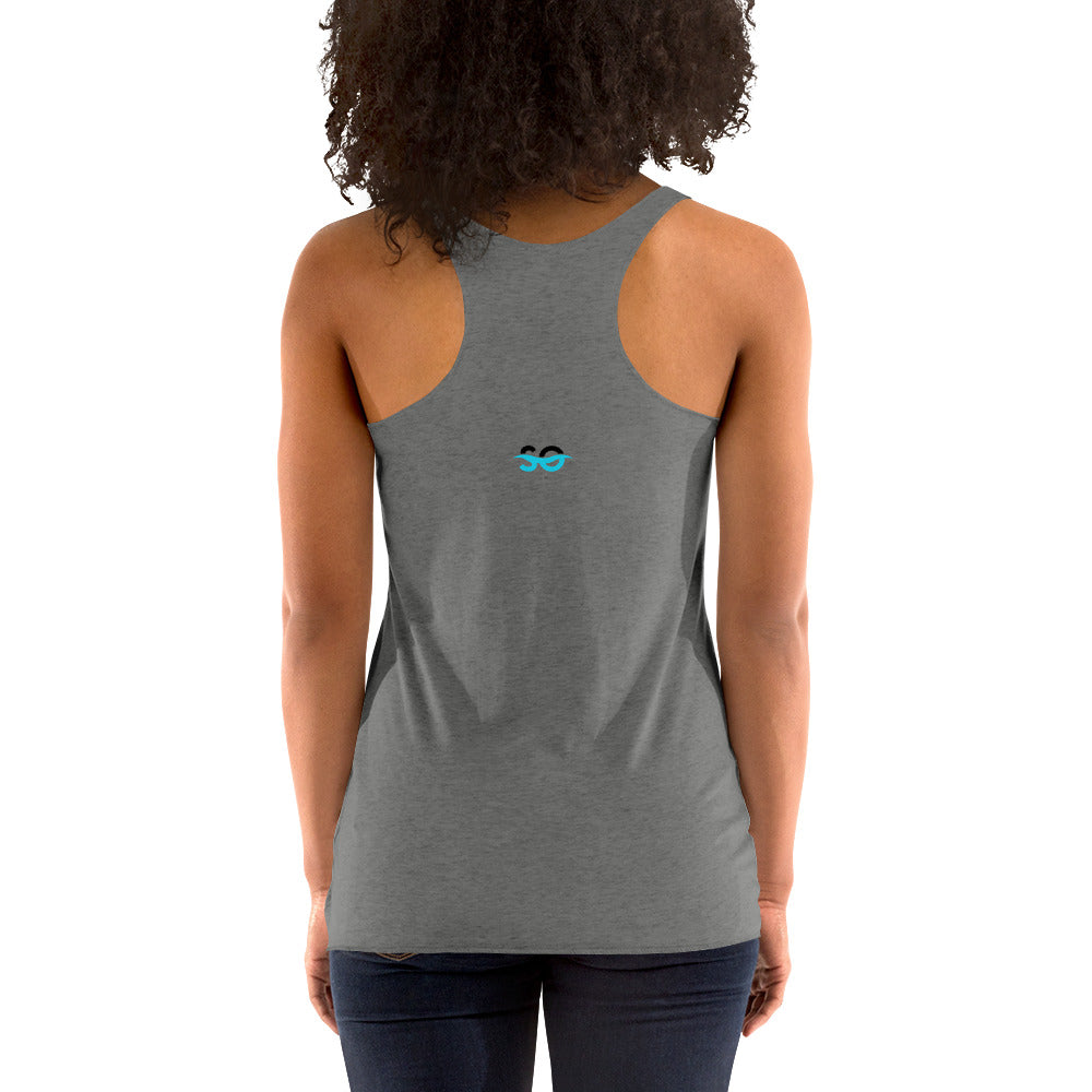 a woman wearing a gray tank top with a blue logo