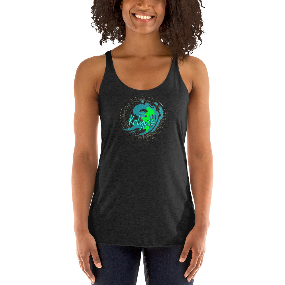 a woman wearing a black tank top with a green logo