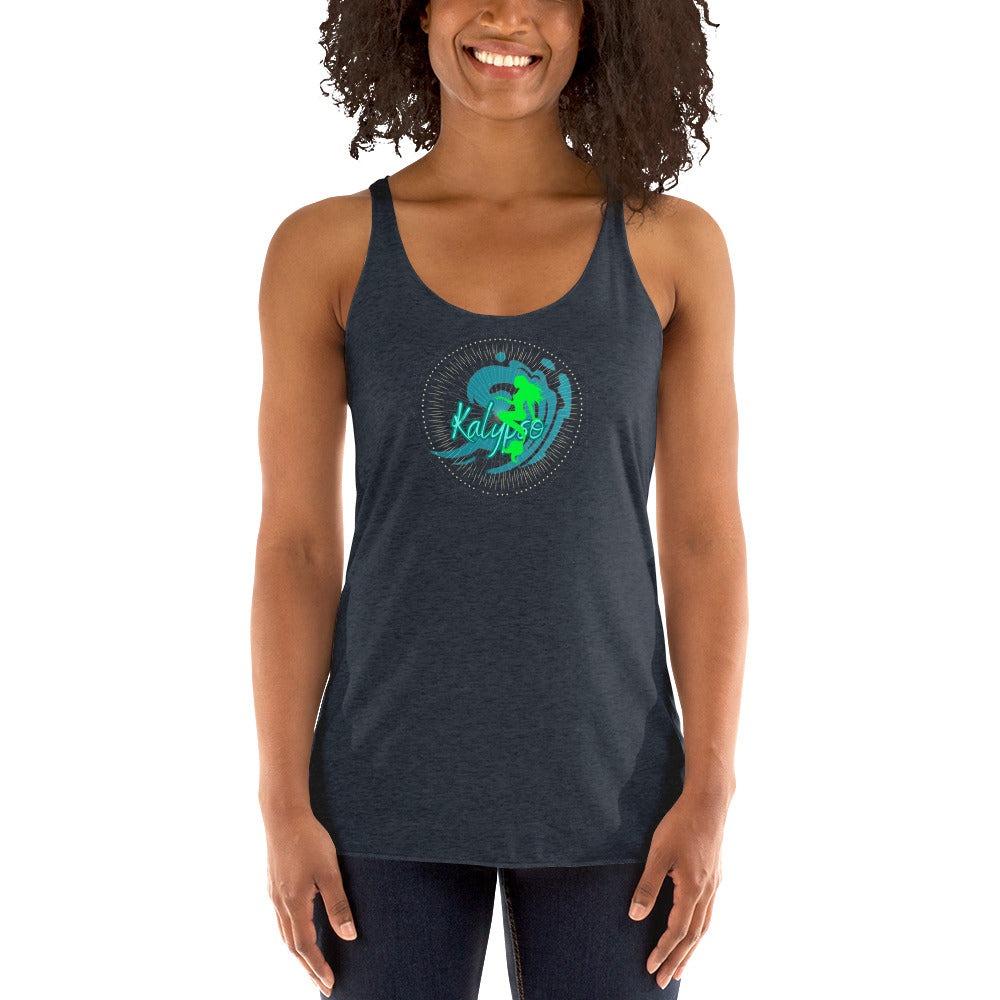a woman wearing a dark tank top with a green logo