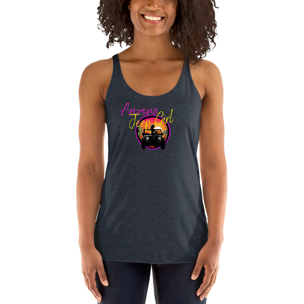 a woman wearing a tank top with an image of a sunset