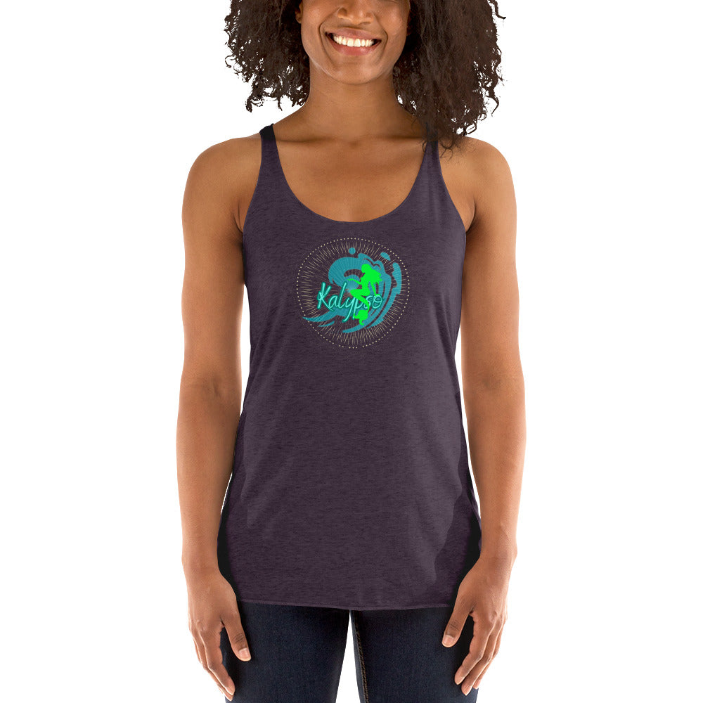 a woman wearing a purple tank top with a green logo