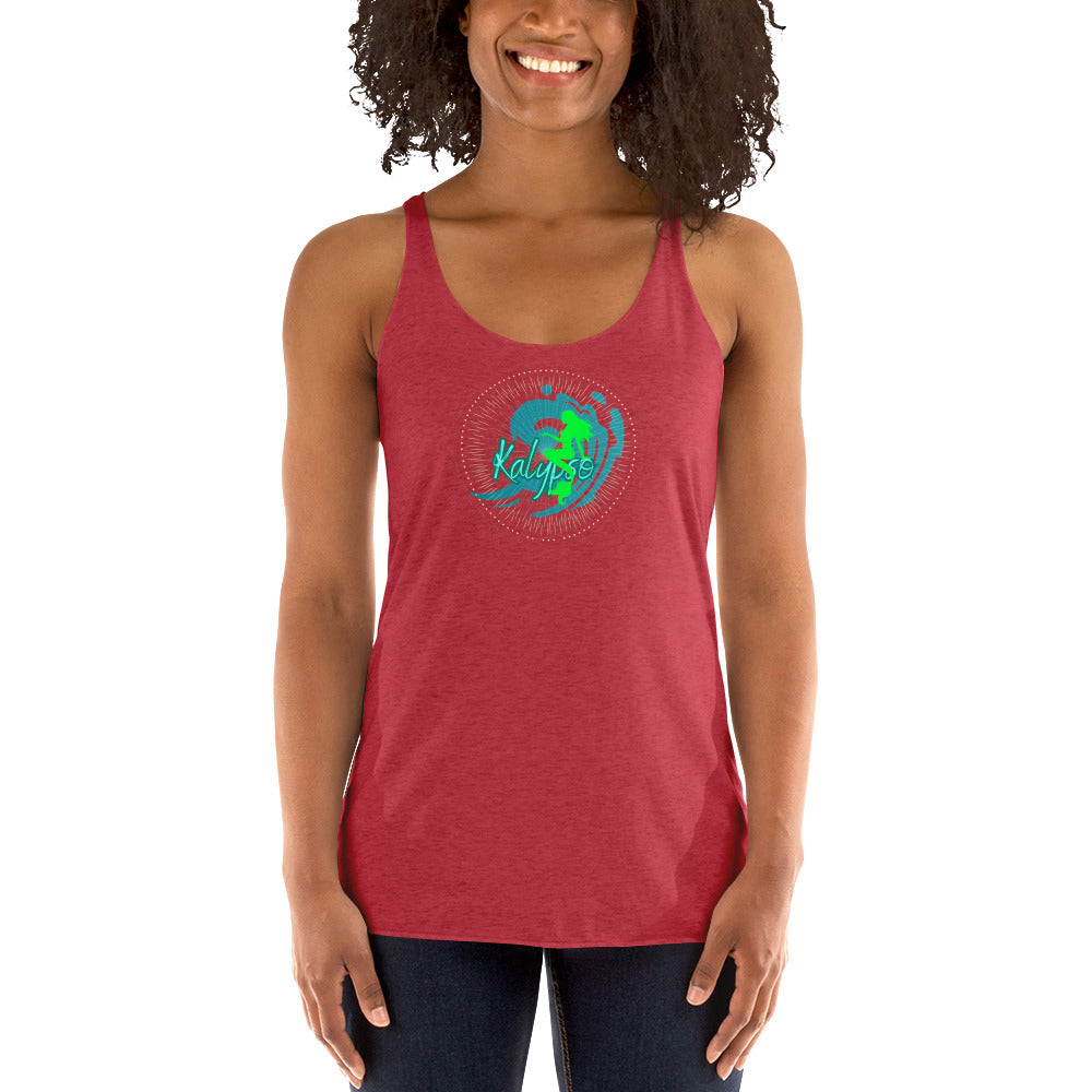 a woman wearing a red tank top with a green turtle on it